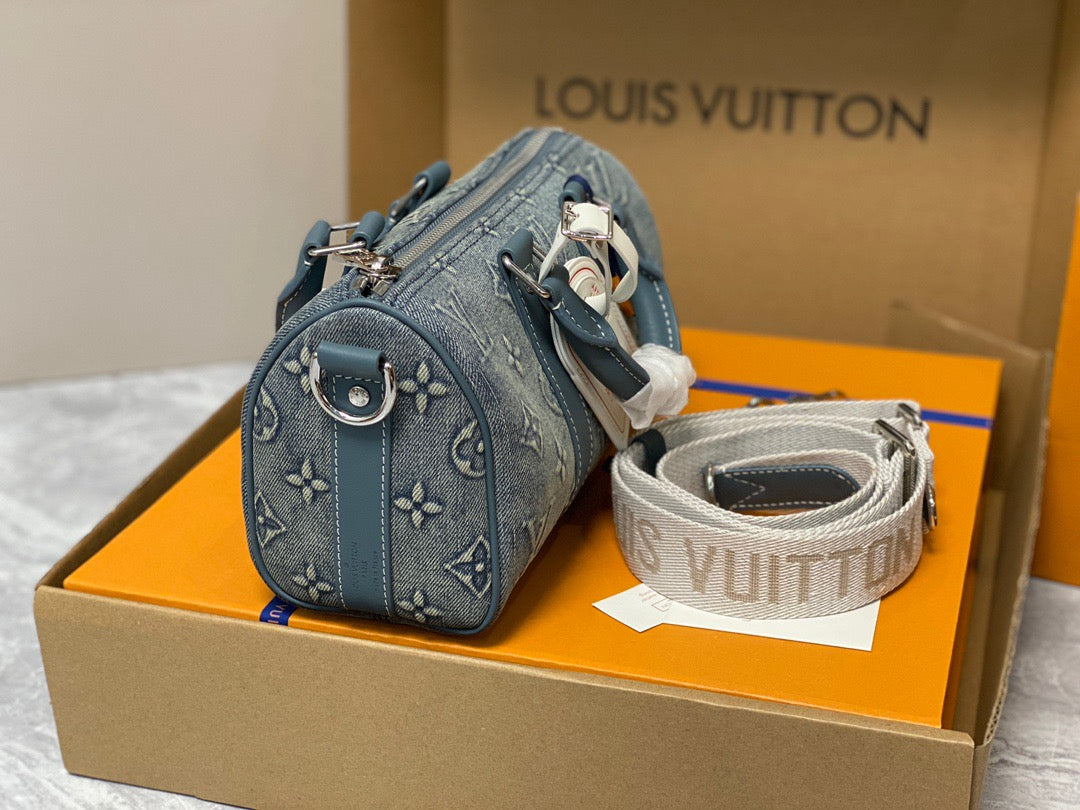 Louis Vuitton Keepall Bandouliere 25 Monogram Embossed Blue And Gray Denim