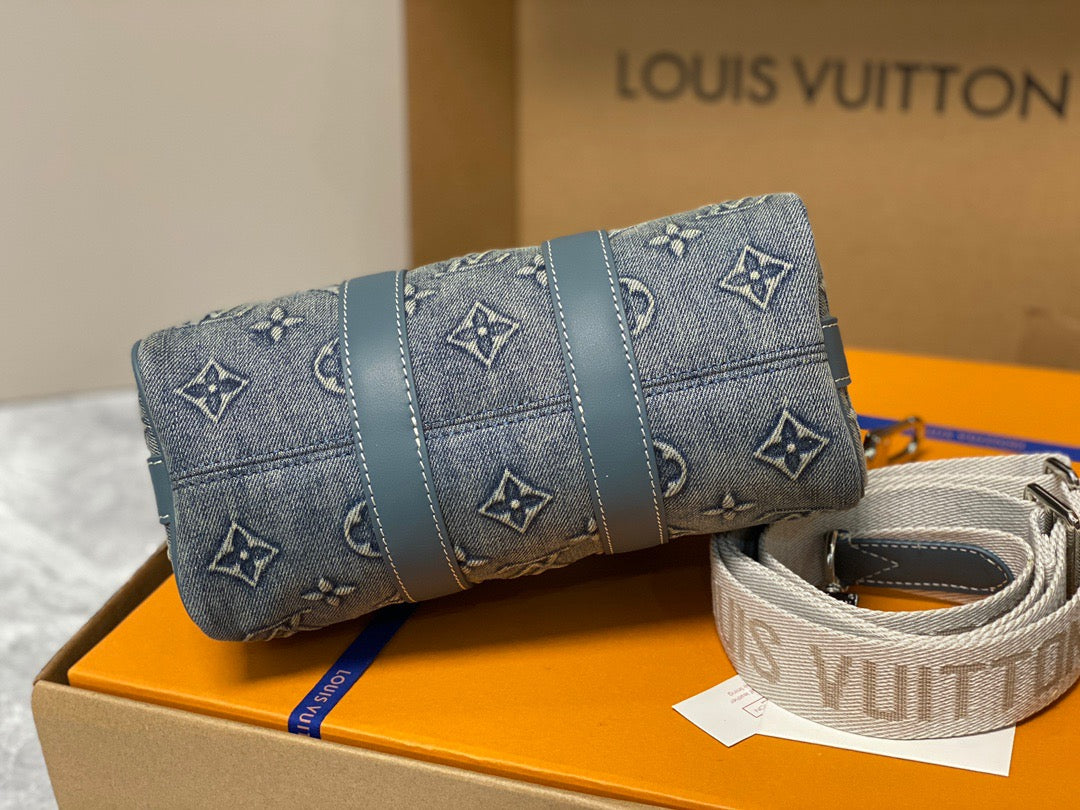 Louis Vuitton Keepall Bandouliere 25 Monogram Embossed Blue And Gray Denim