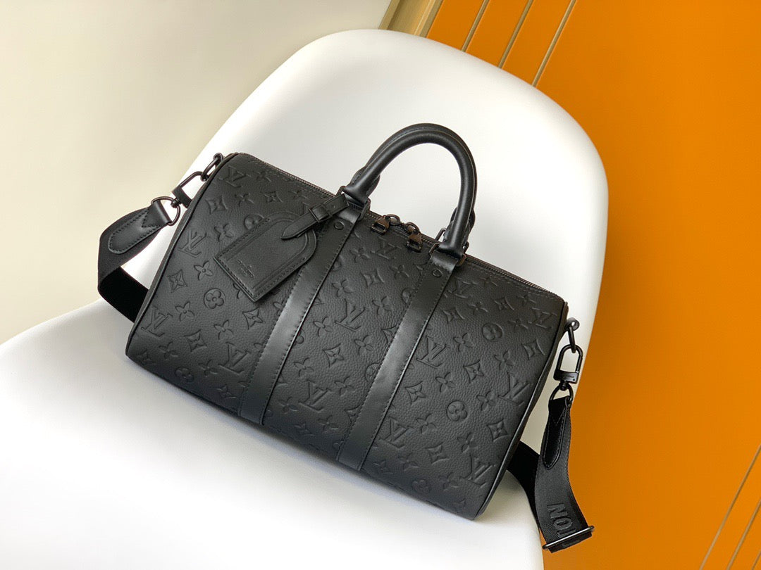 Louis Vuitton Keepall Bandouliere 35 Monogram Black Calfskin Embossed Pattern