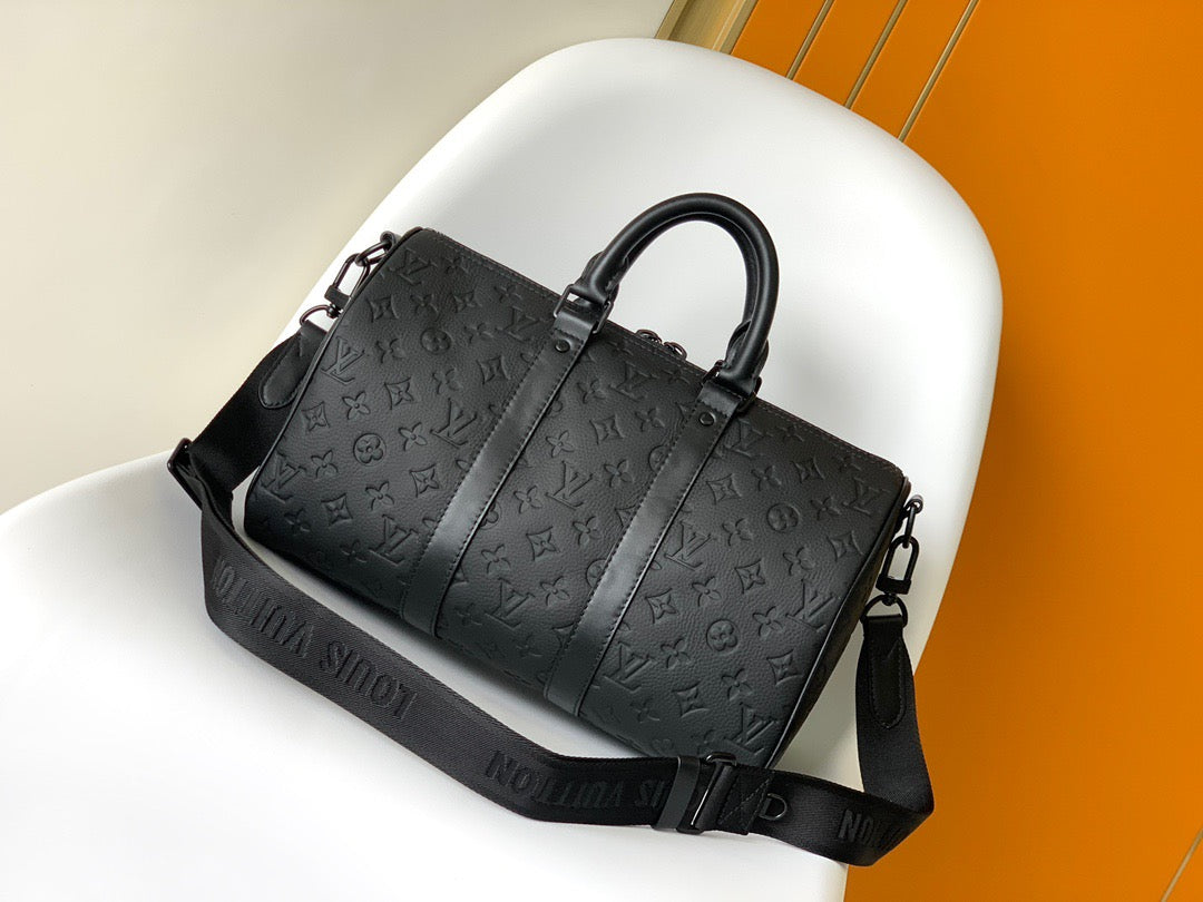 Louis Vuitton Keepall Bandouliere 35 Monogram Black Calfskin Embossed Pattern