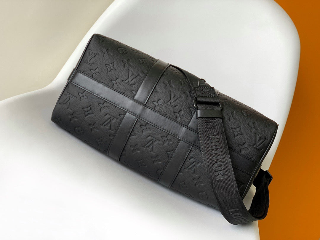 Louis Vuitton Keepall Bandouliere 35 Monogram Black Calfskin Embossed Pattern