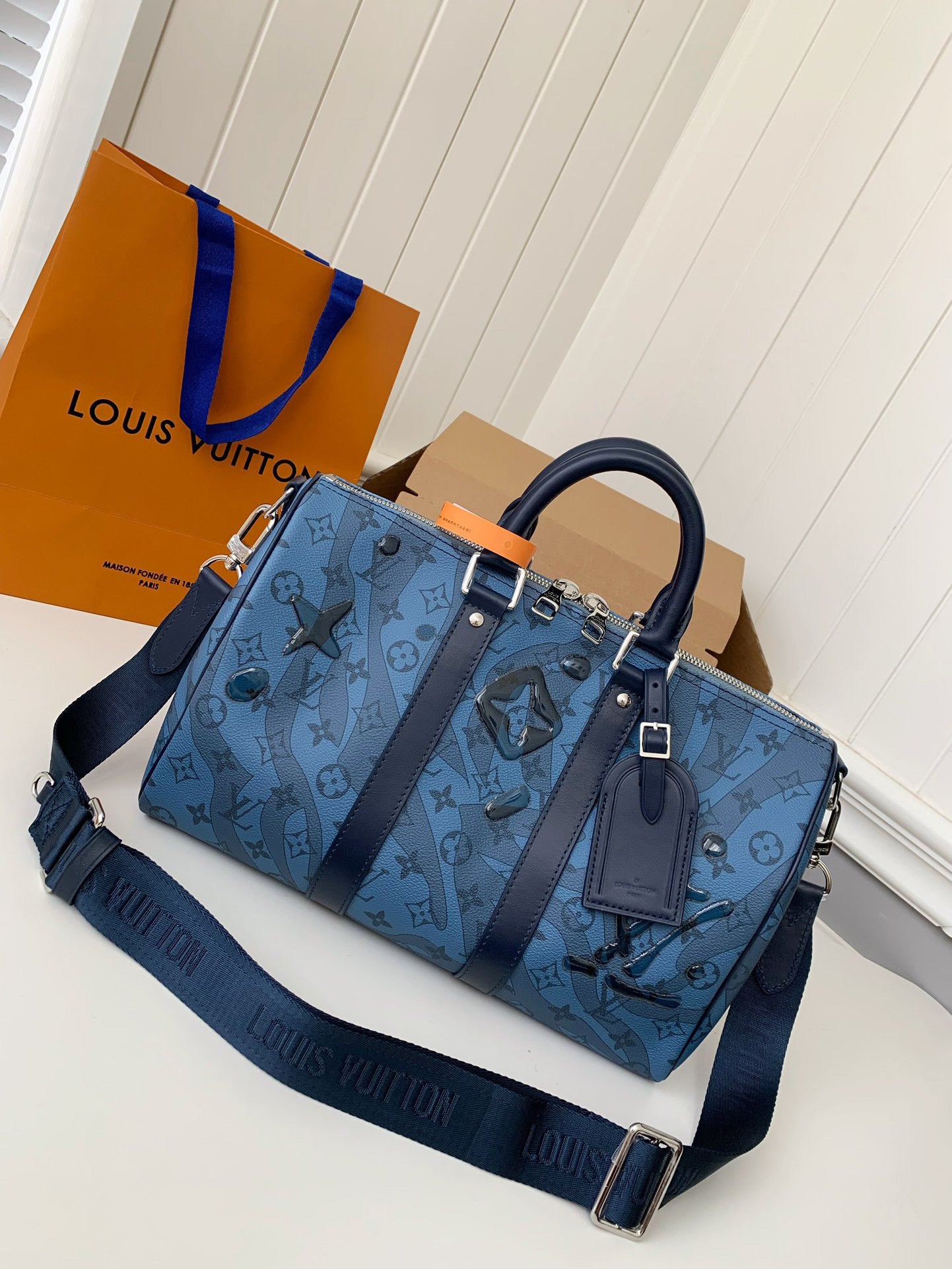 Louis Vuitton Keepall Bandouliere 35 Monogram Water Drop Blue Embossed Pattern