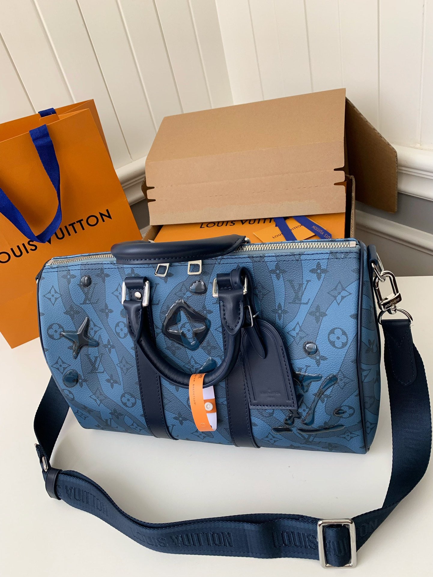 Louis Vuitton Keepall Bandouliere 35 Monogram Water Drop Blue Embossed Pattern