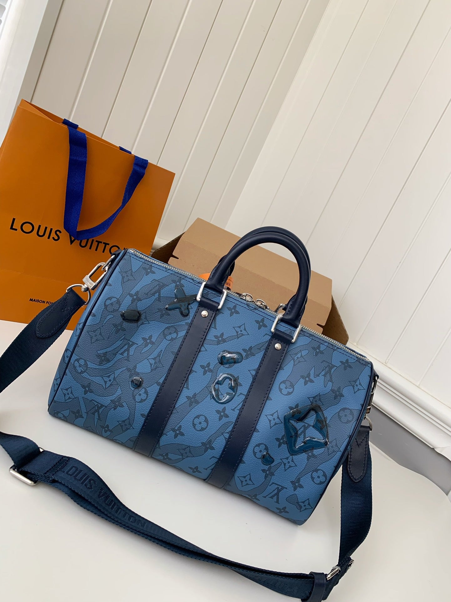 Louis Vuitton Keepall Bandouliere 35 Monogram Water Drop Blue Embossed Pattern