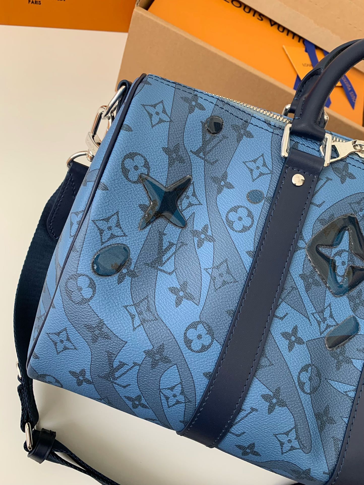 Louis Vuitton Keepall Bandouliere 35 Monogram Water Drop Blue Embossed Pattern