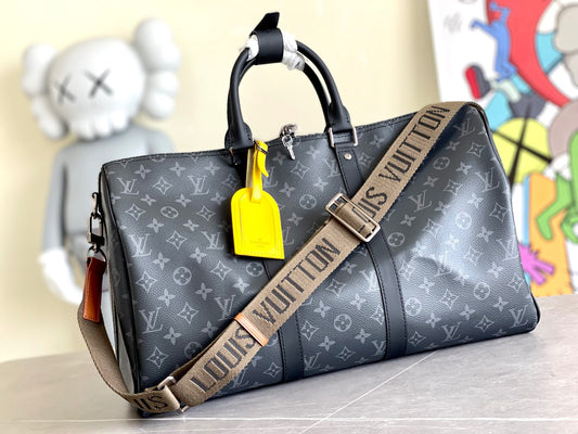 Louis Vuitton Keepall 45 In Black Presbyopia With Khaki Canvas Shoulder Strap