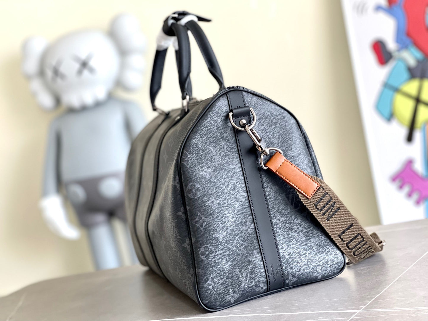 Louis Vuitton Keepall 45 In Black Presbyopia With Khaki Canvas Shoulder Strap