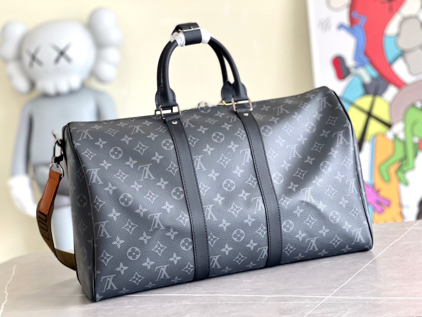 Louis Vuitton Keepall 45 In Black Presbyopia With Khaki Canvas Shoulder Strap