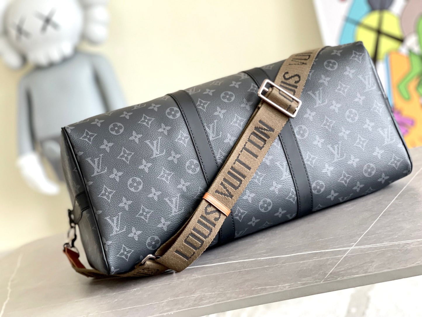 Louis Vuitton Keepall 45 In Black Presbyopia With Khaki Canvas Shoulder Strap