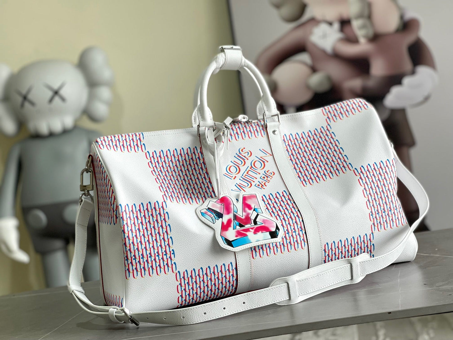 Louis Vuitton Keepall 50 Pink And White Embossed Checkerboard Pattern