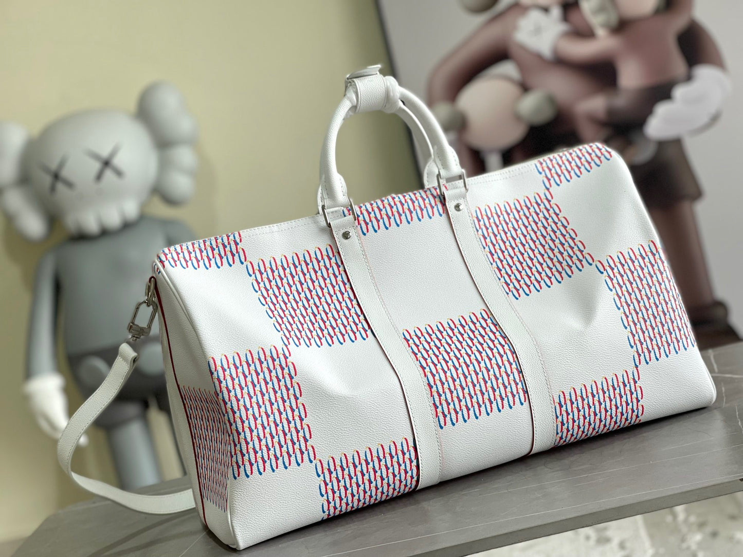 Louis Vuitton Keepall 50 Pink And White Embossed Checkerboard Pattern