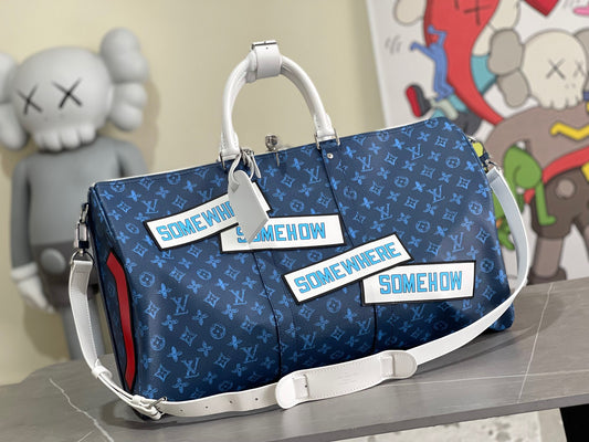 Louis Vuitton Keepall Bandouliere 50 Monogram Embossed Blue