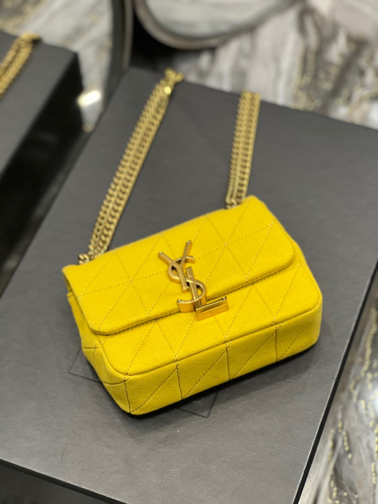 Saint Laurent Le Carre Satchel Bag In Yellow Cashmere Knit