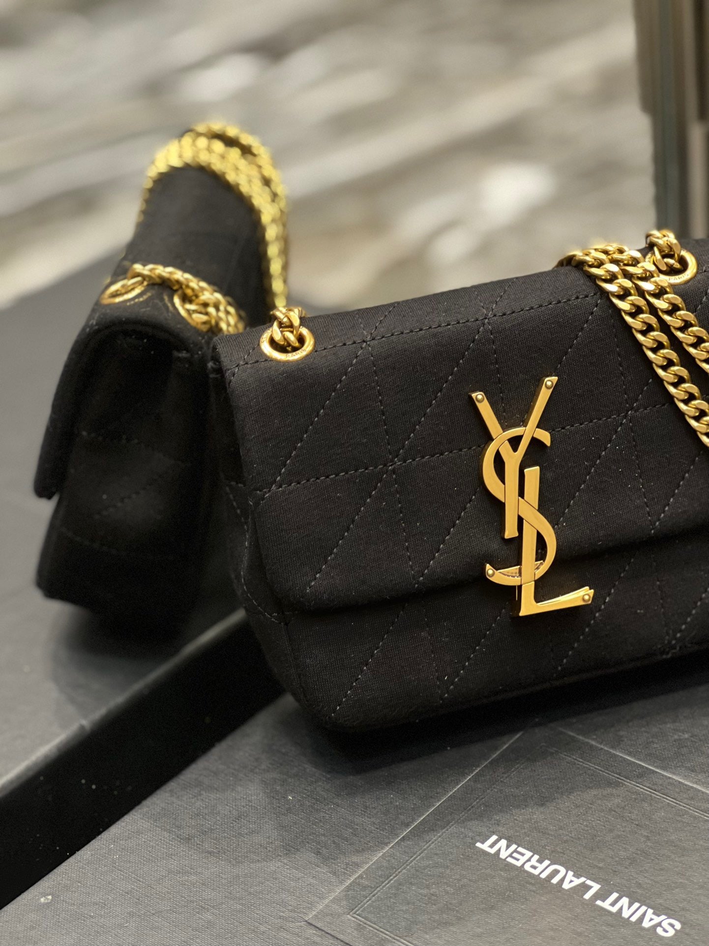 Saint Laurent Le Carre Satchel Bag In Black Cashmere Knit