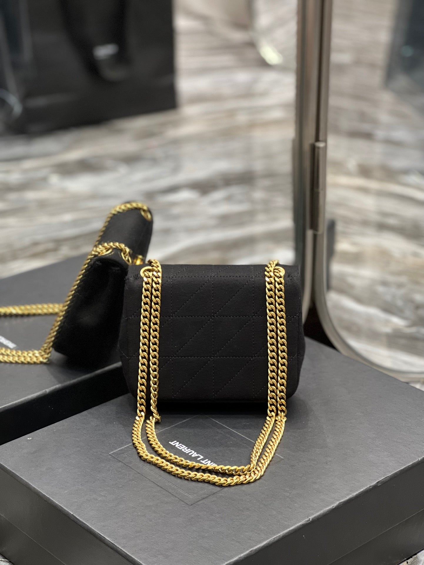 Saint Laurent Le Carre Satchel Bag In Black Cashmere Knit