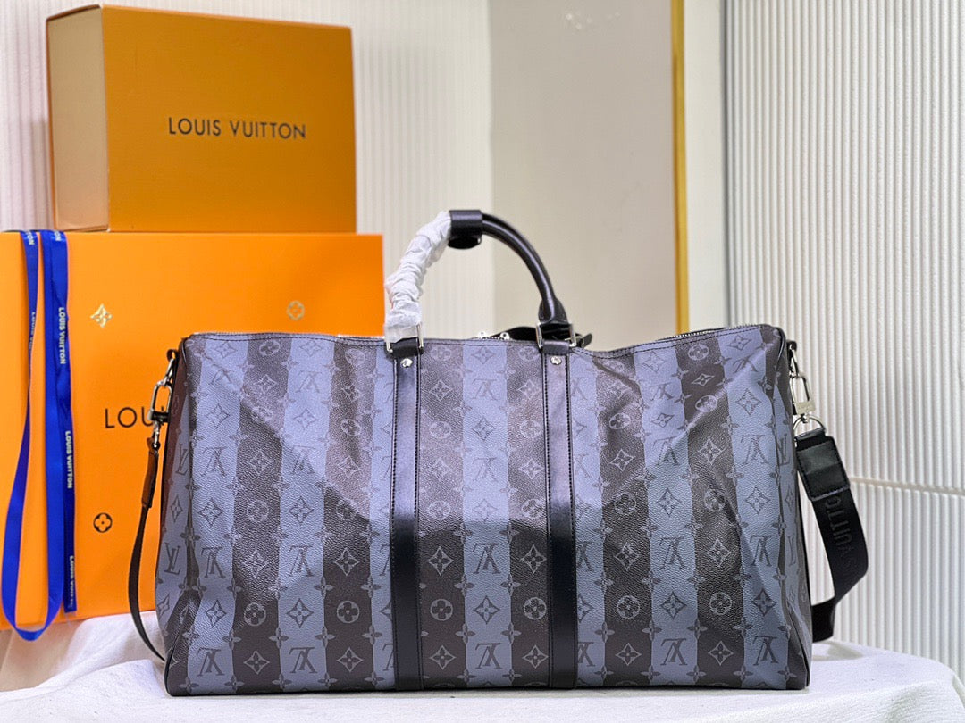 Louis Vuitton Keepall Bandouliere 55 Monogram Embossed Blue And Black Stripes