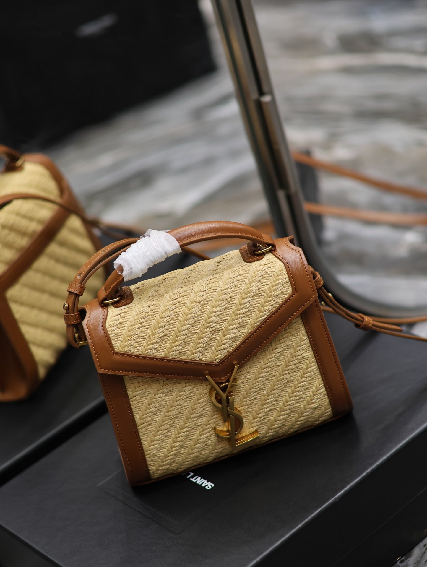 Saint Laurent Cassandra Woven Bag In Apricot