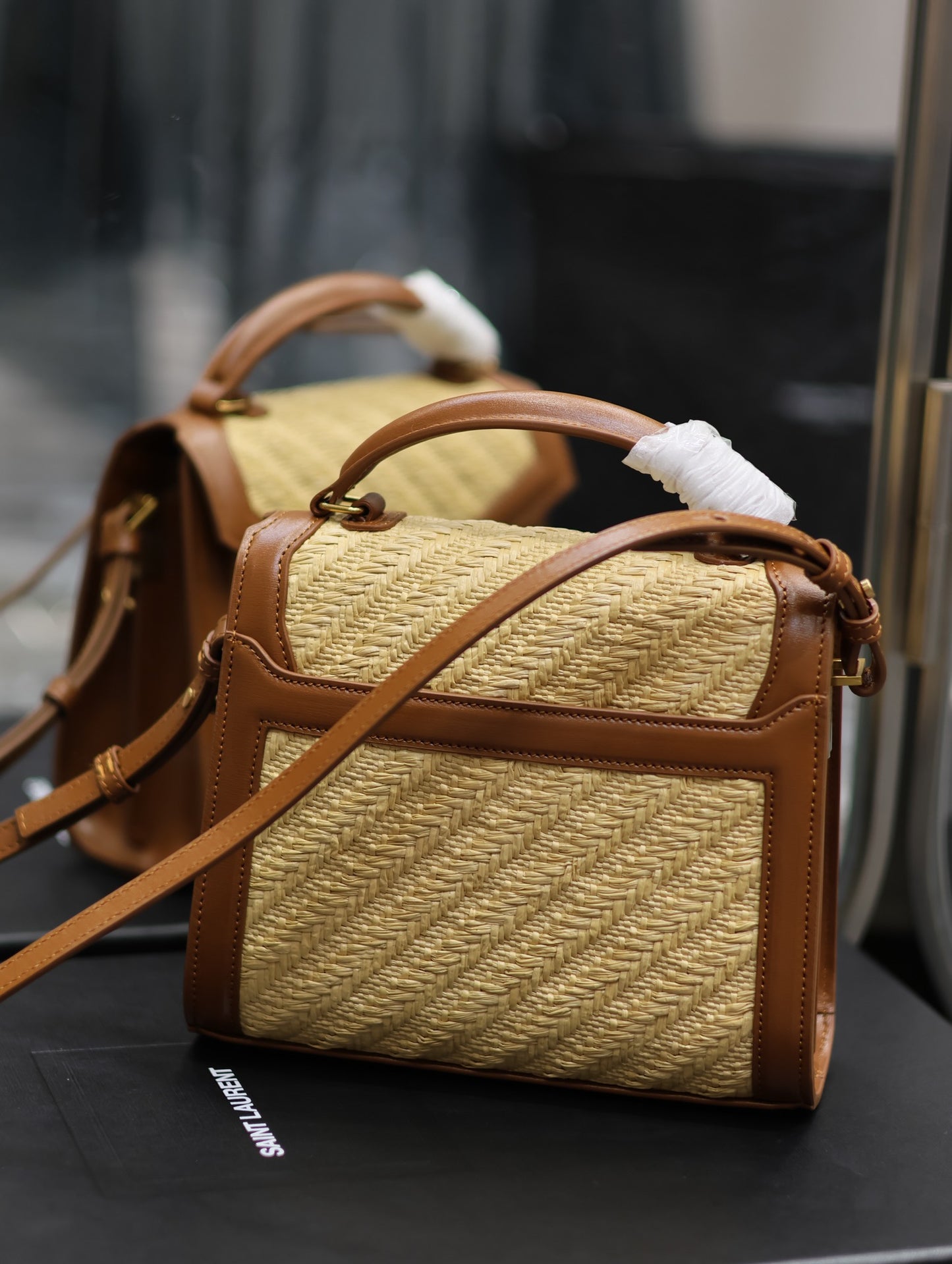 Saint Laurent Cassandra Woven Bag In Apricot