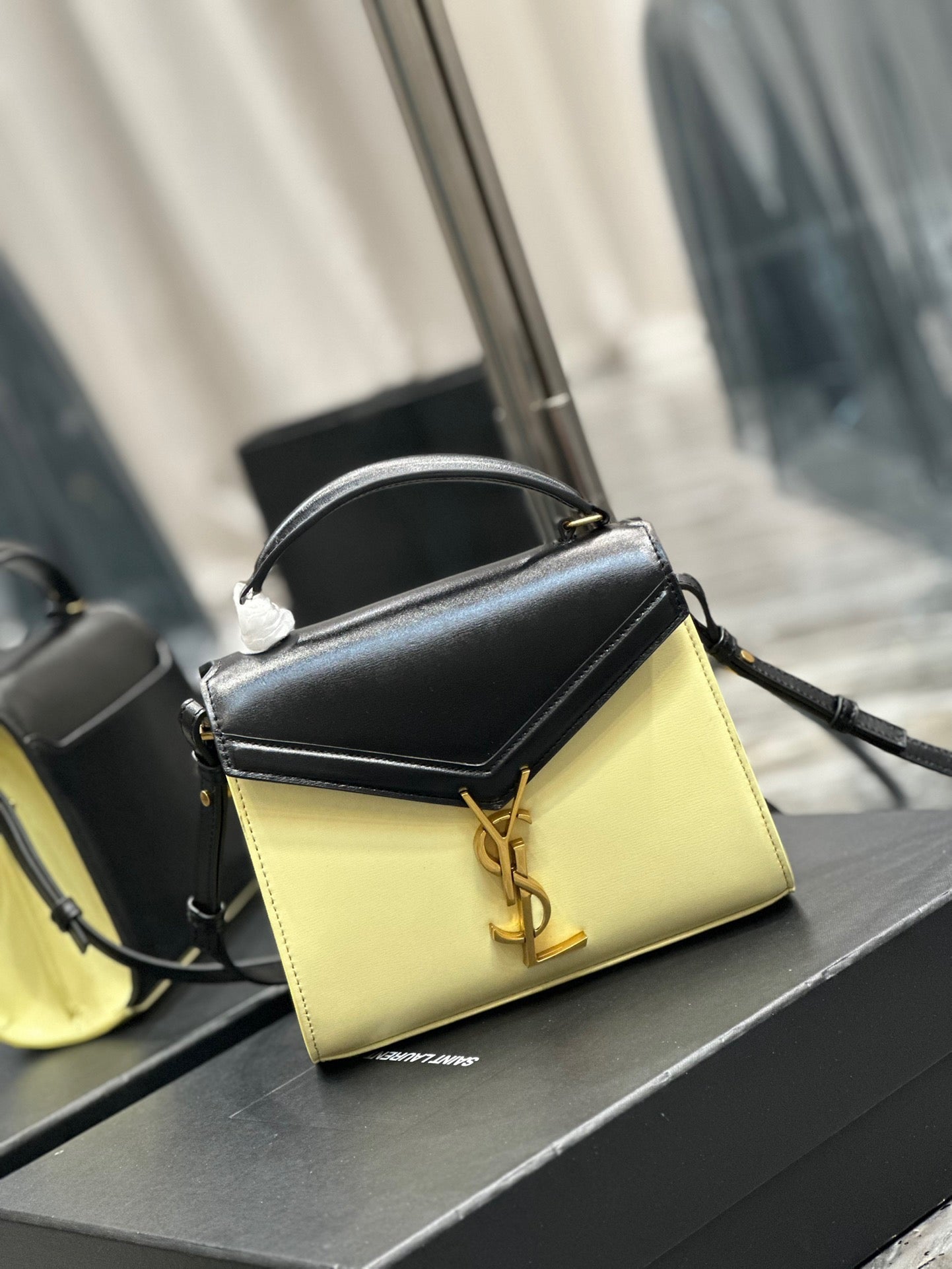 Saint Laurent Cassandra Bag In Yellow And Black Color Matching Calfskin