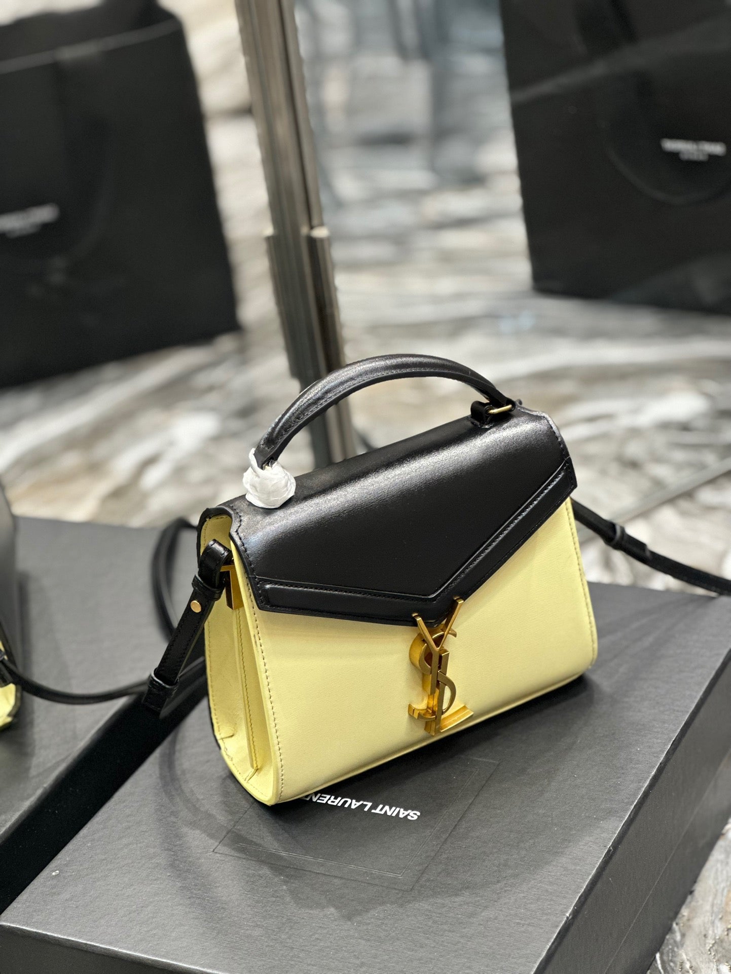 Saint Laurent Cassandra Bag In Yellow And Black Color Matching Calfskin