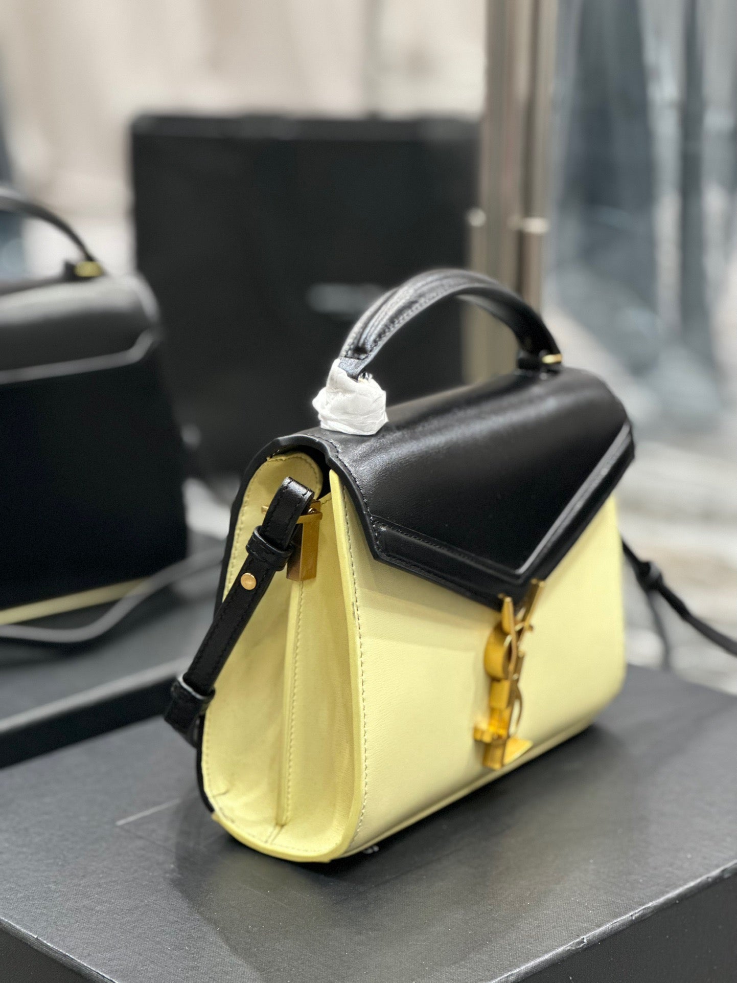 Saint Laurent Cassandra Bag In Yellow And Black Color Matching Calfskin