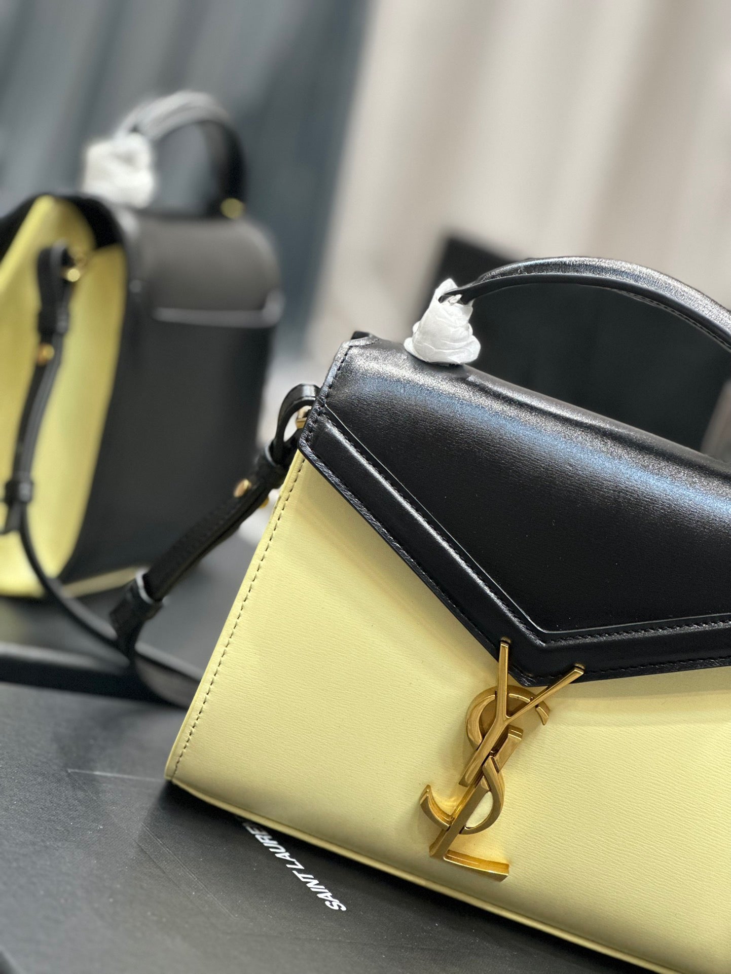 Saint Laurent Cassandra Bag In Yellow And Black Color Matching Calfskin