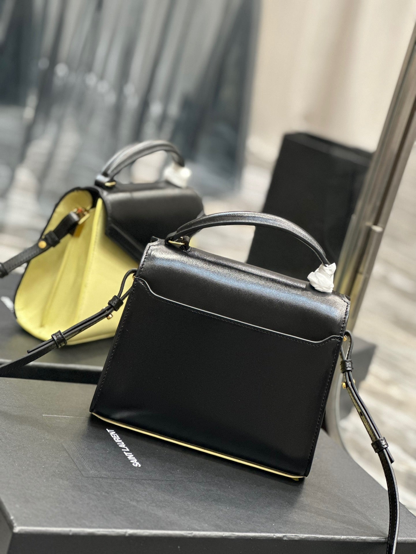 Saint Laurent Cassandra Bag In Yellow And Black Color Matching Calfskin