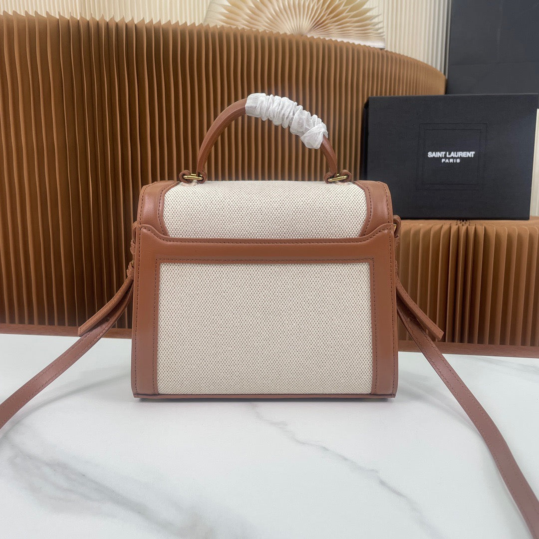 Saint Laurent Cassandra Woven Bag In Beige With Brown Strap