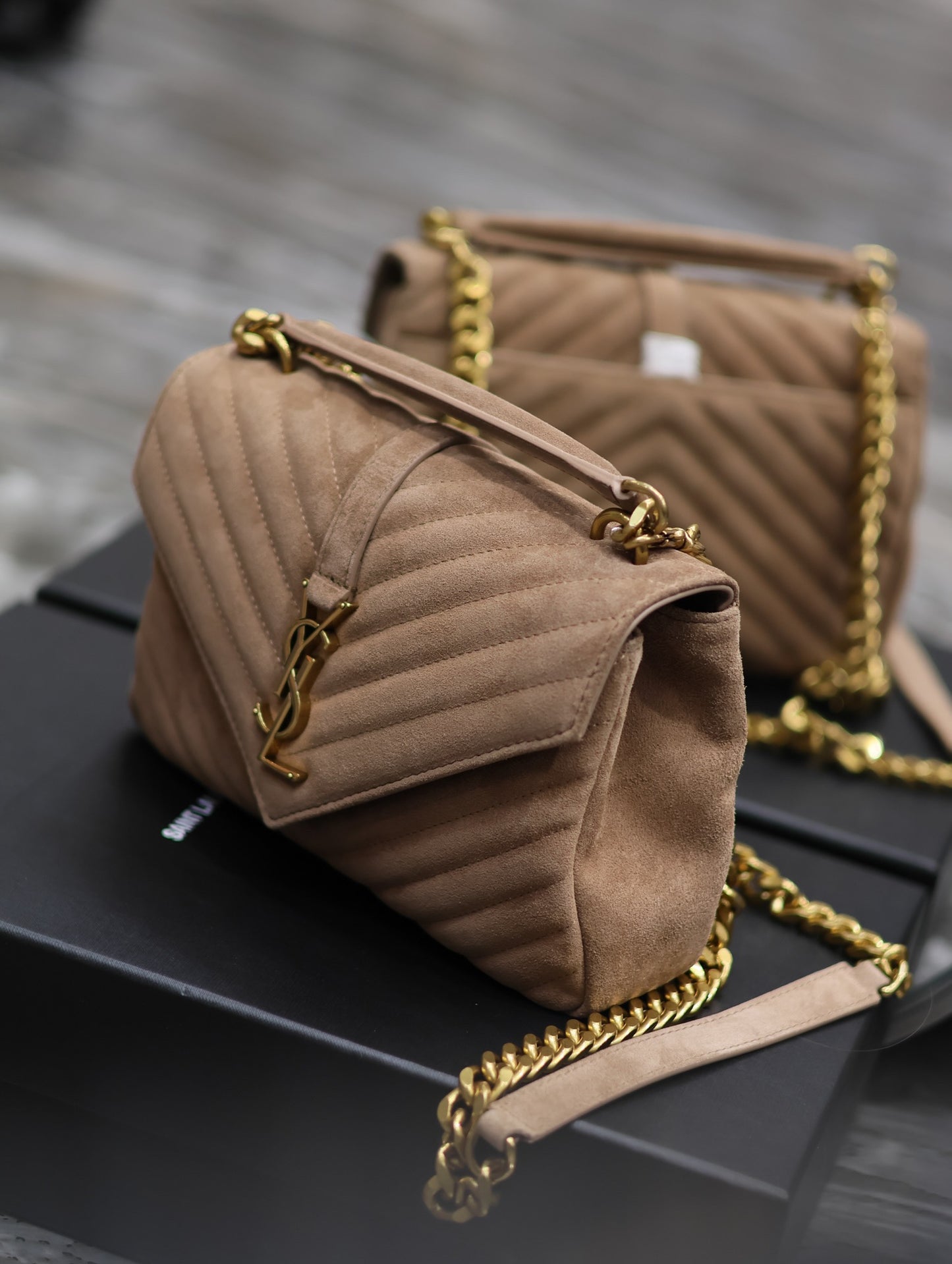 SAINT LAURENT College Ysl-Logo Quilted Brown Suede Shoulder Bag