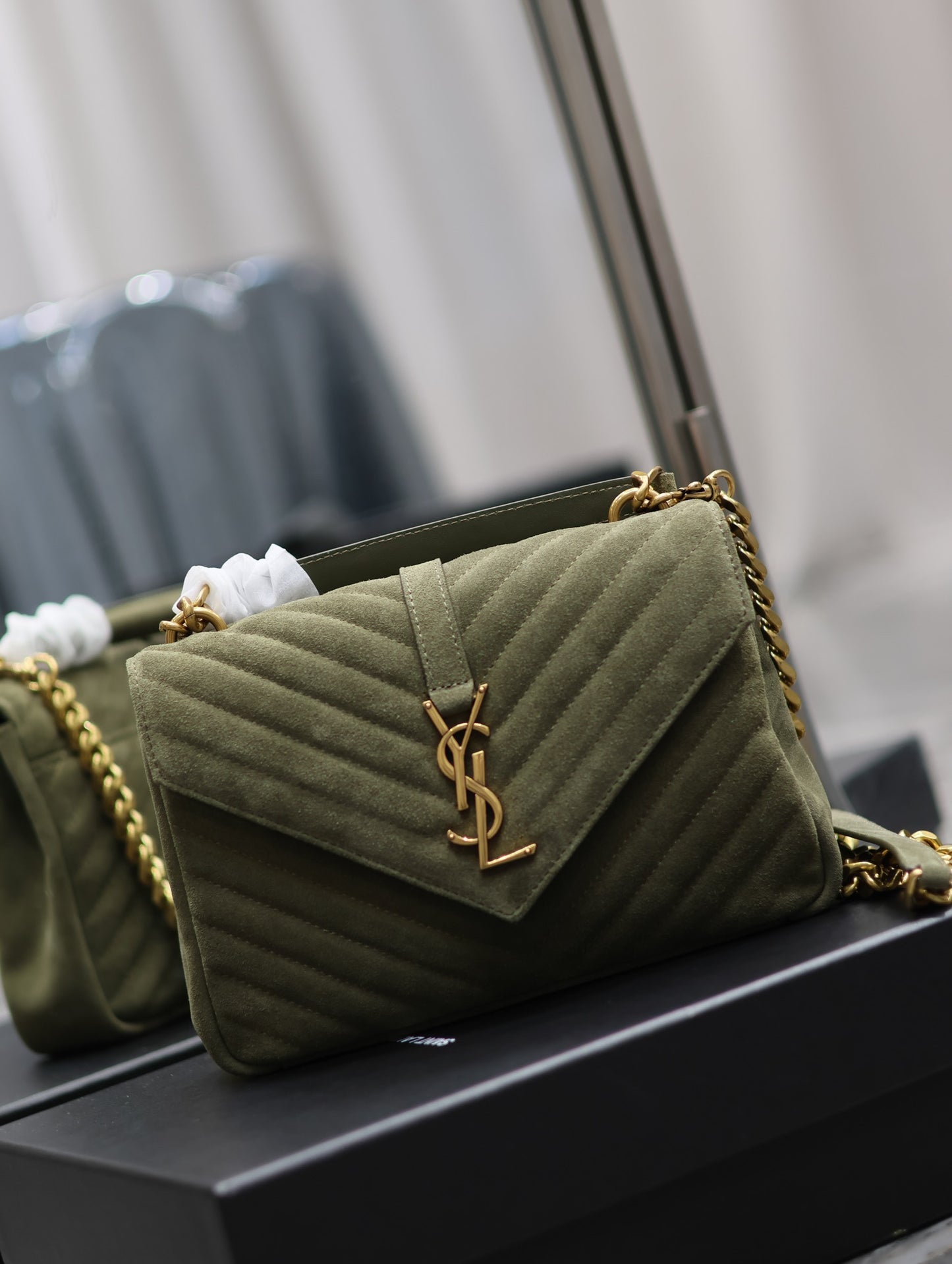 SAINT LAURENT College Ysl-Logo Quilted Green Suede Shoulder Bag