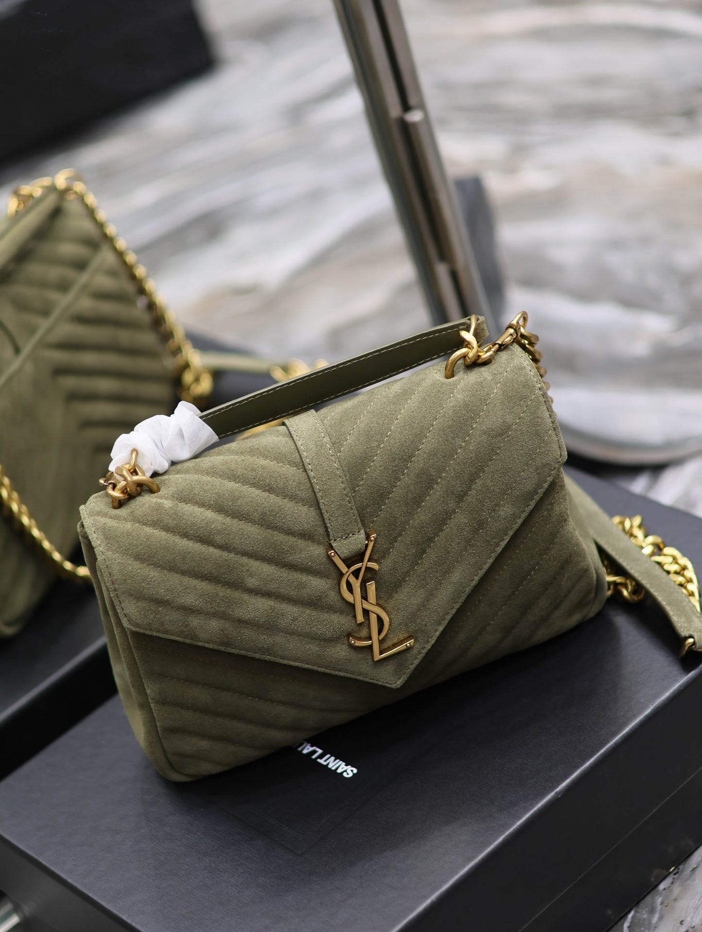 SAINT LAURENT College Ysl-Logo Quilted Green Suede Shoulder Bag