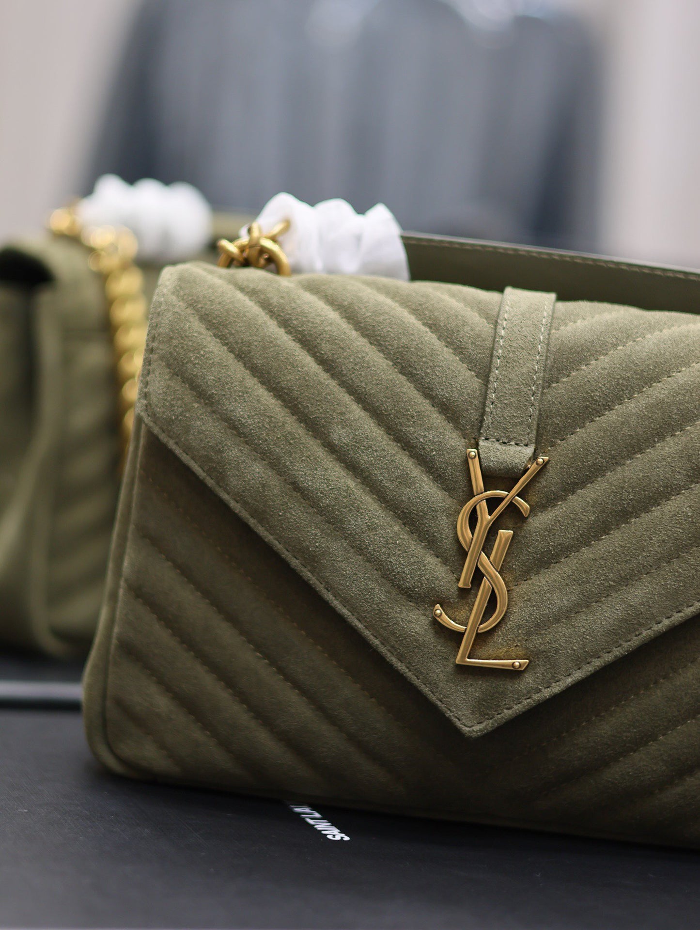 SAINT LAURENT College Ysl-Logo Quilted Green Suede Shoulder Bag