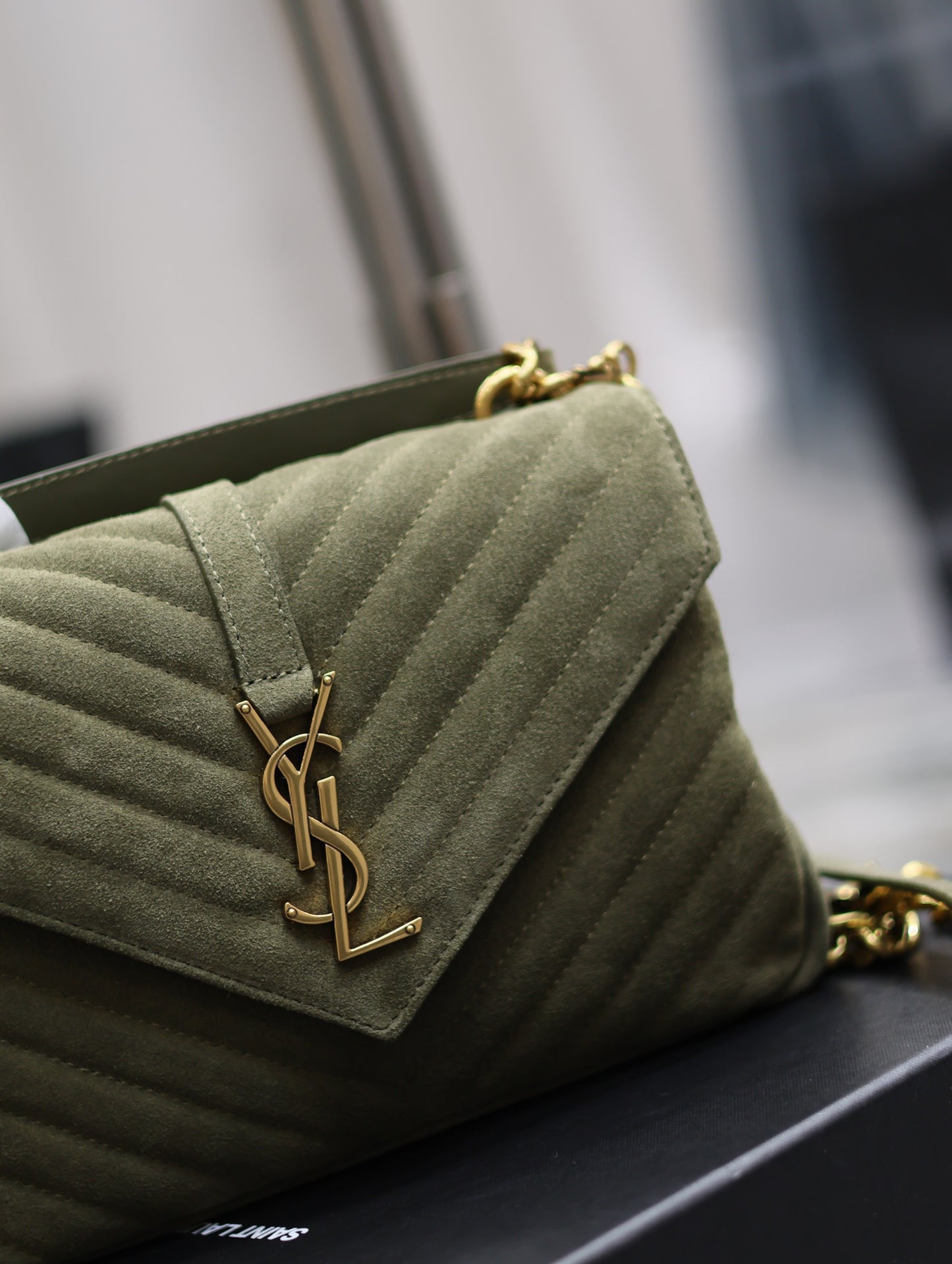 SAINT LAURENT College Ysl-Logo Quilted Green Suede Shoulder Bag