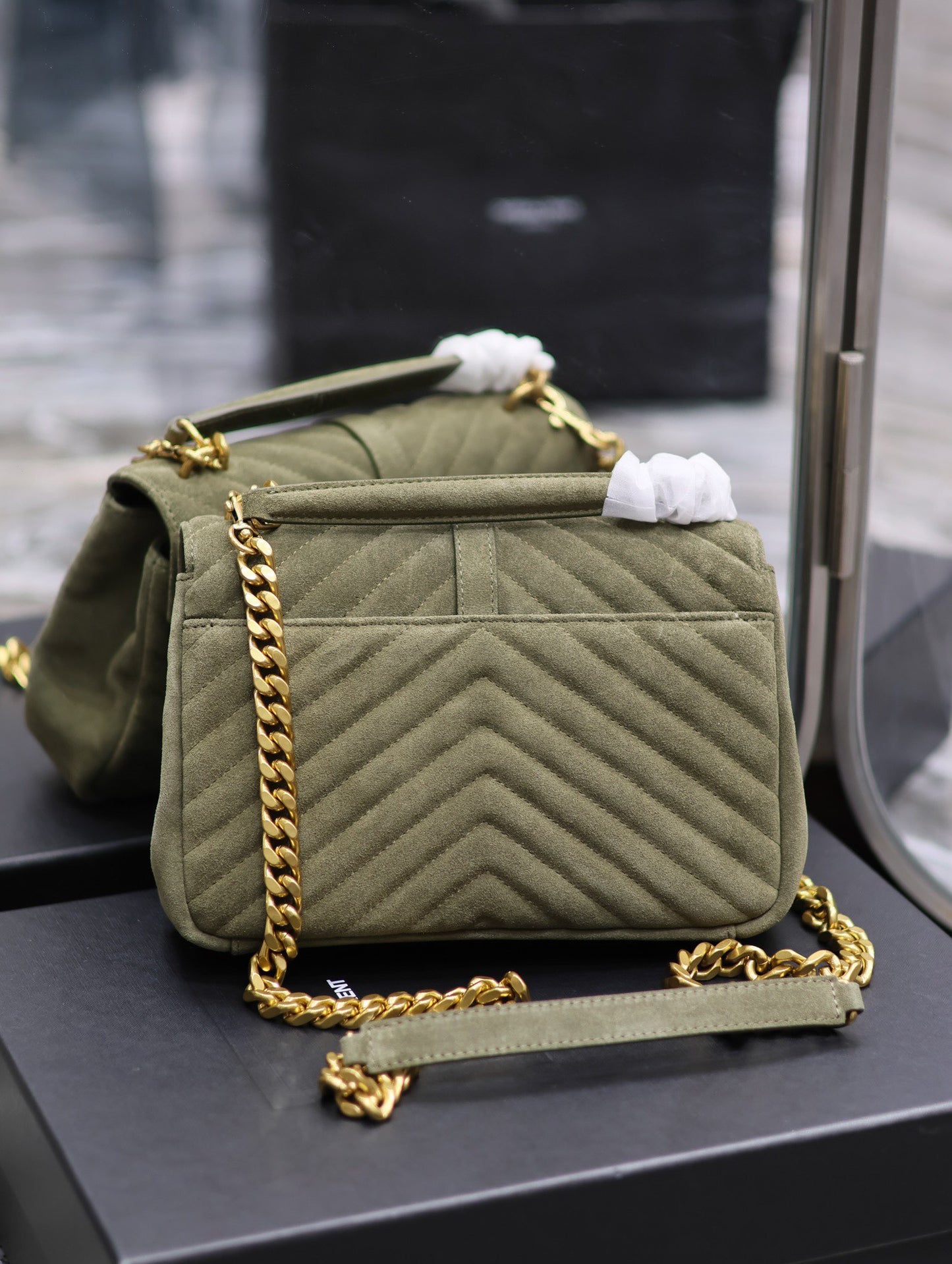 SAINT LAURENT College Ysl-Logo Quilted Green Suede Shoulder Bag