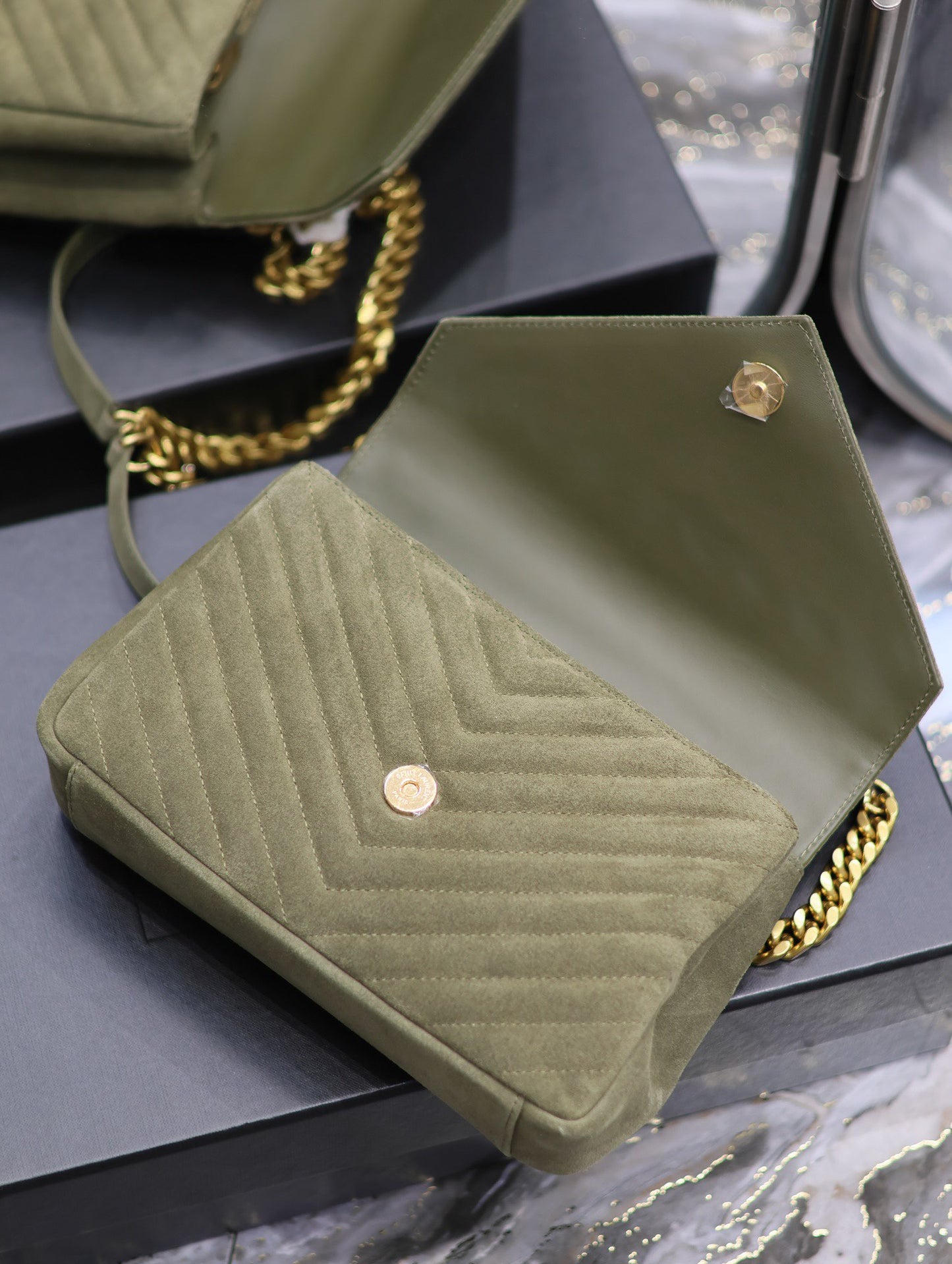 SAINT LAURENT College Ysl-Logo Quilted Green Suede Shoulder Bag