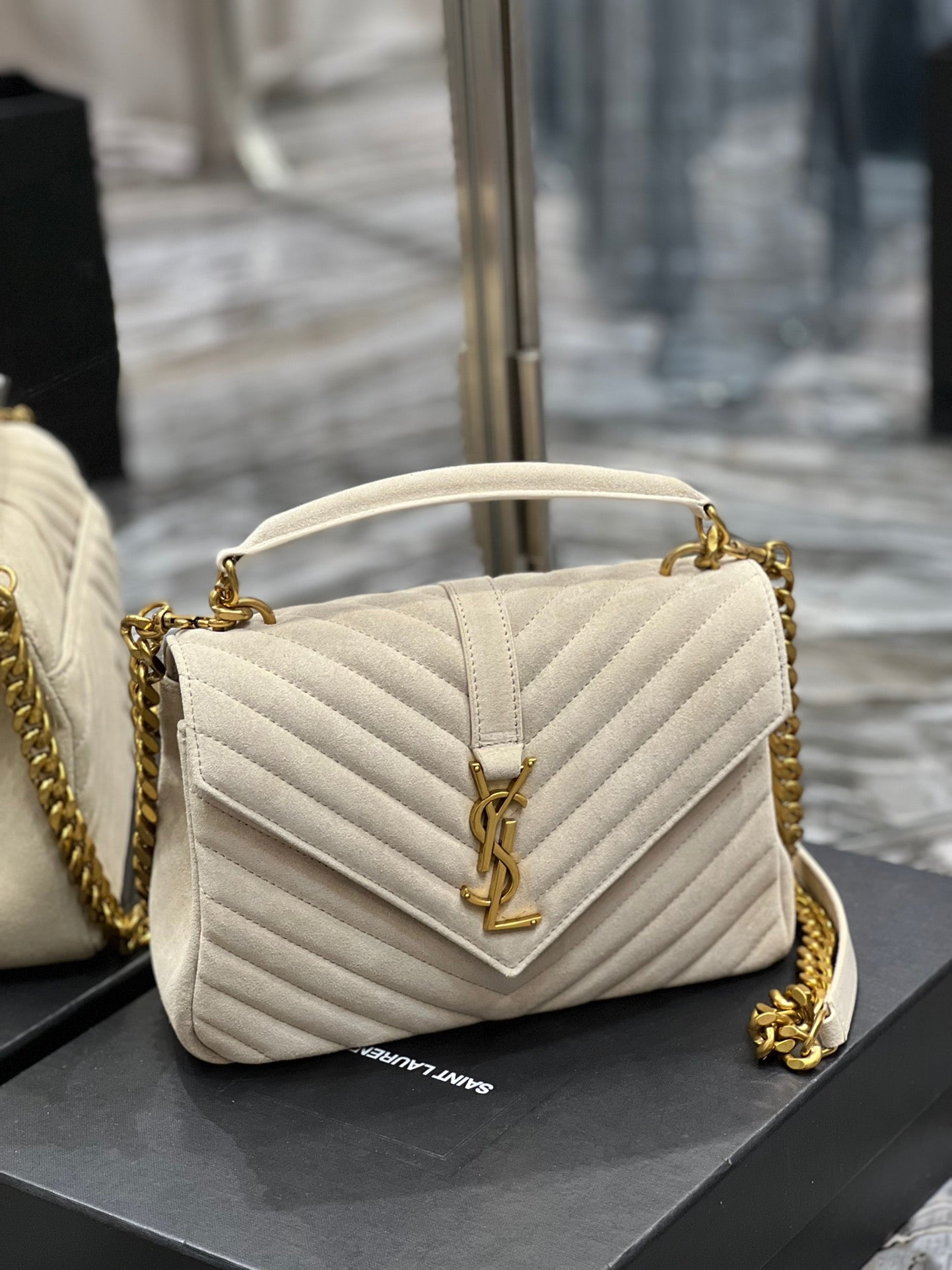 SAINT LAURENT College Ysl-Logo Quilted White Suede Shoulder Bag