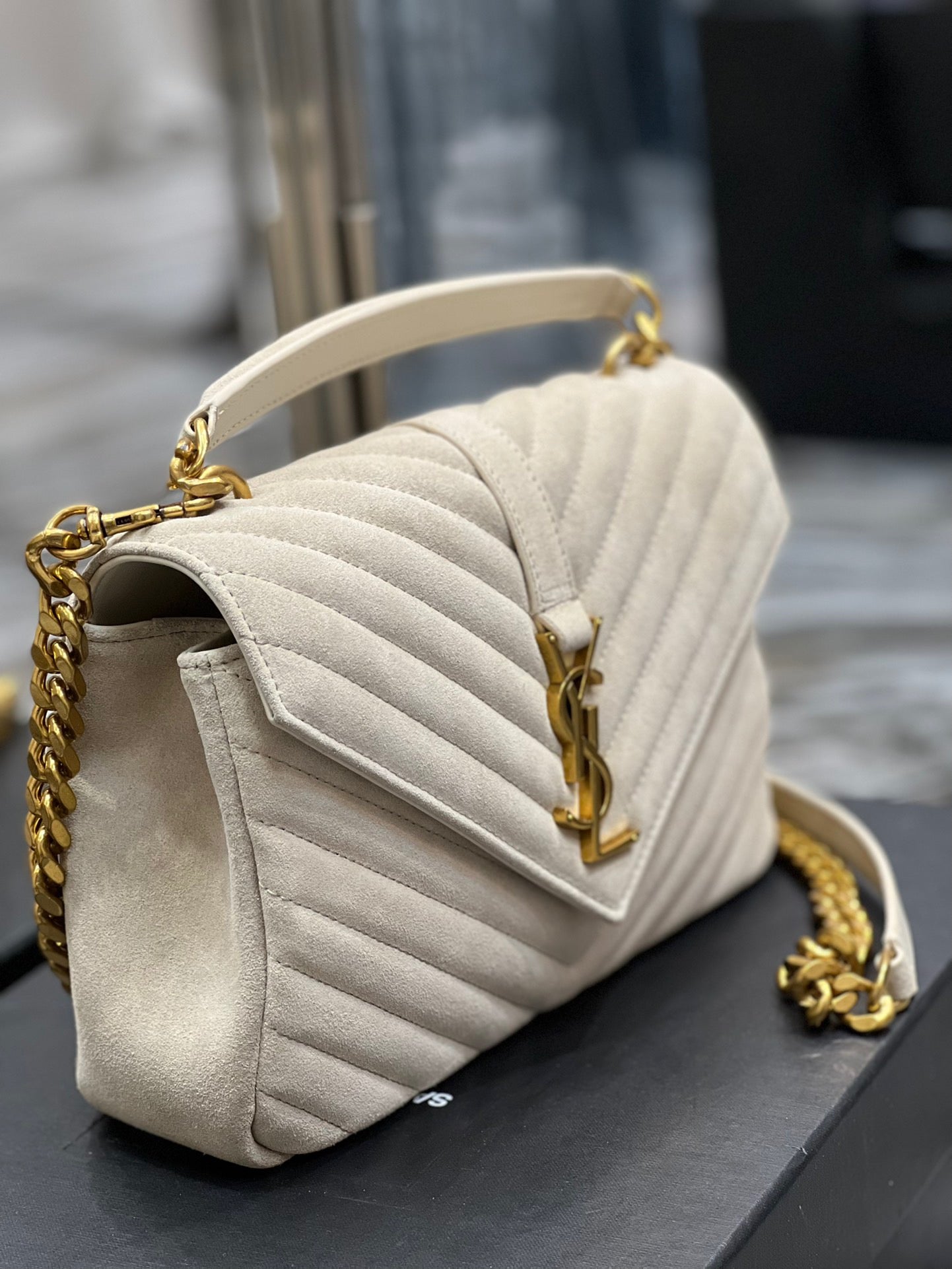 SAINT LAURENT College Ysl-Logo Quilted White Suede Shoulder Bag