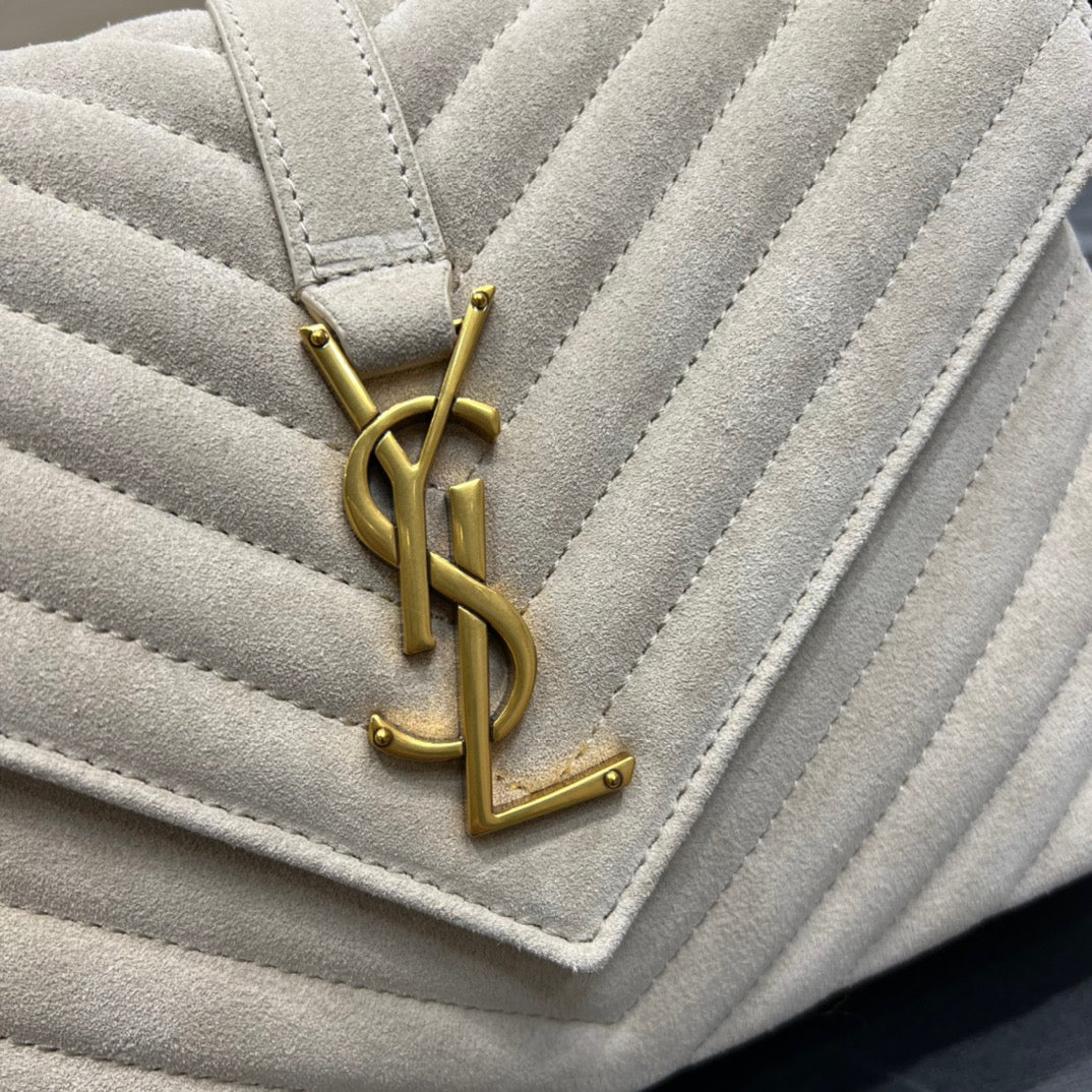 SAINT LAURENT College Ysl-Logo Quilted White Suede Shoulder Bag