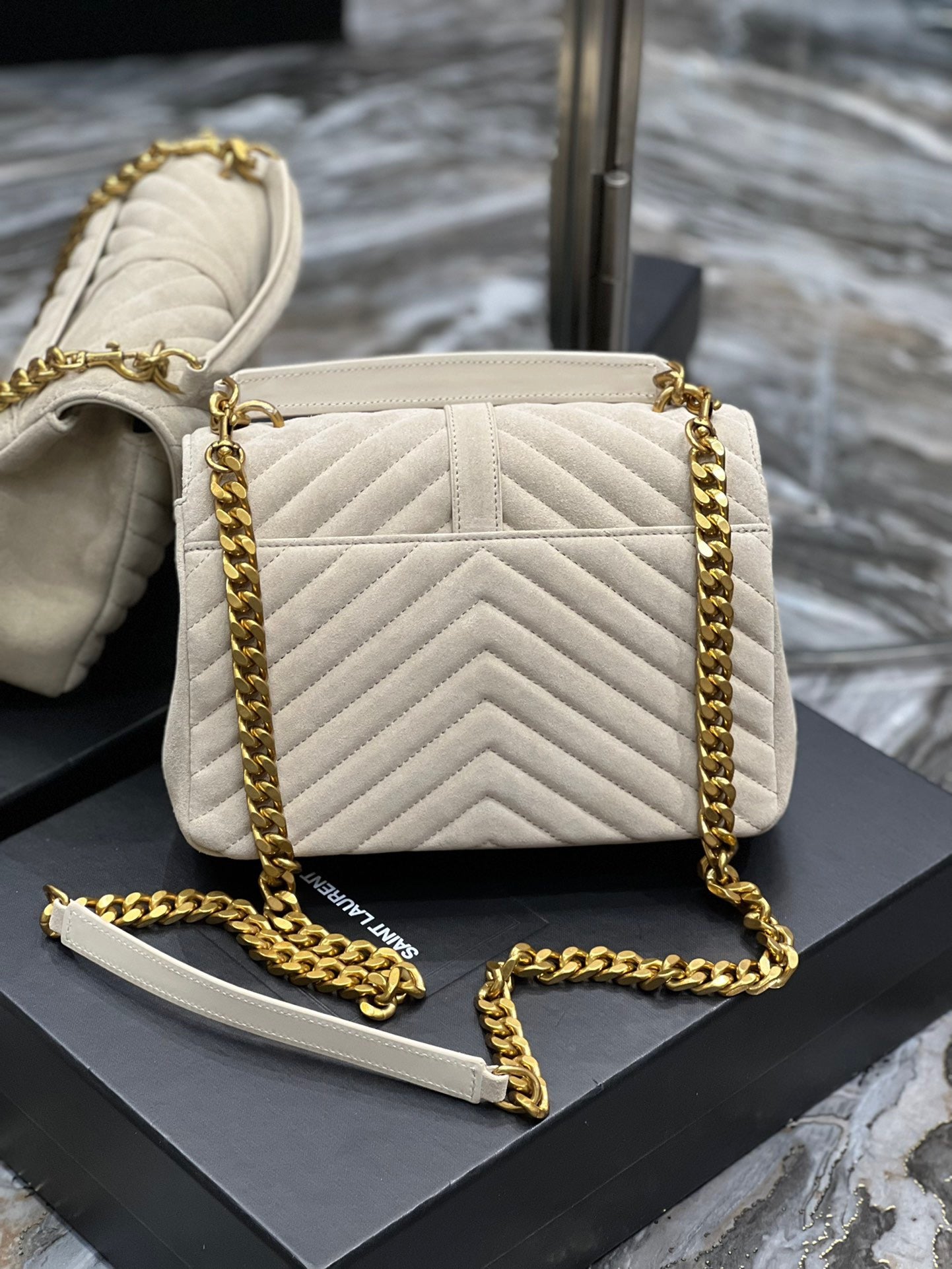 SAINT LAURENT College Ysl-Logo Quilted White Suede Shoulder Bag