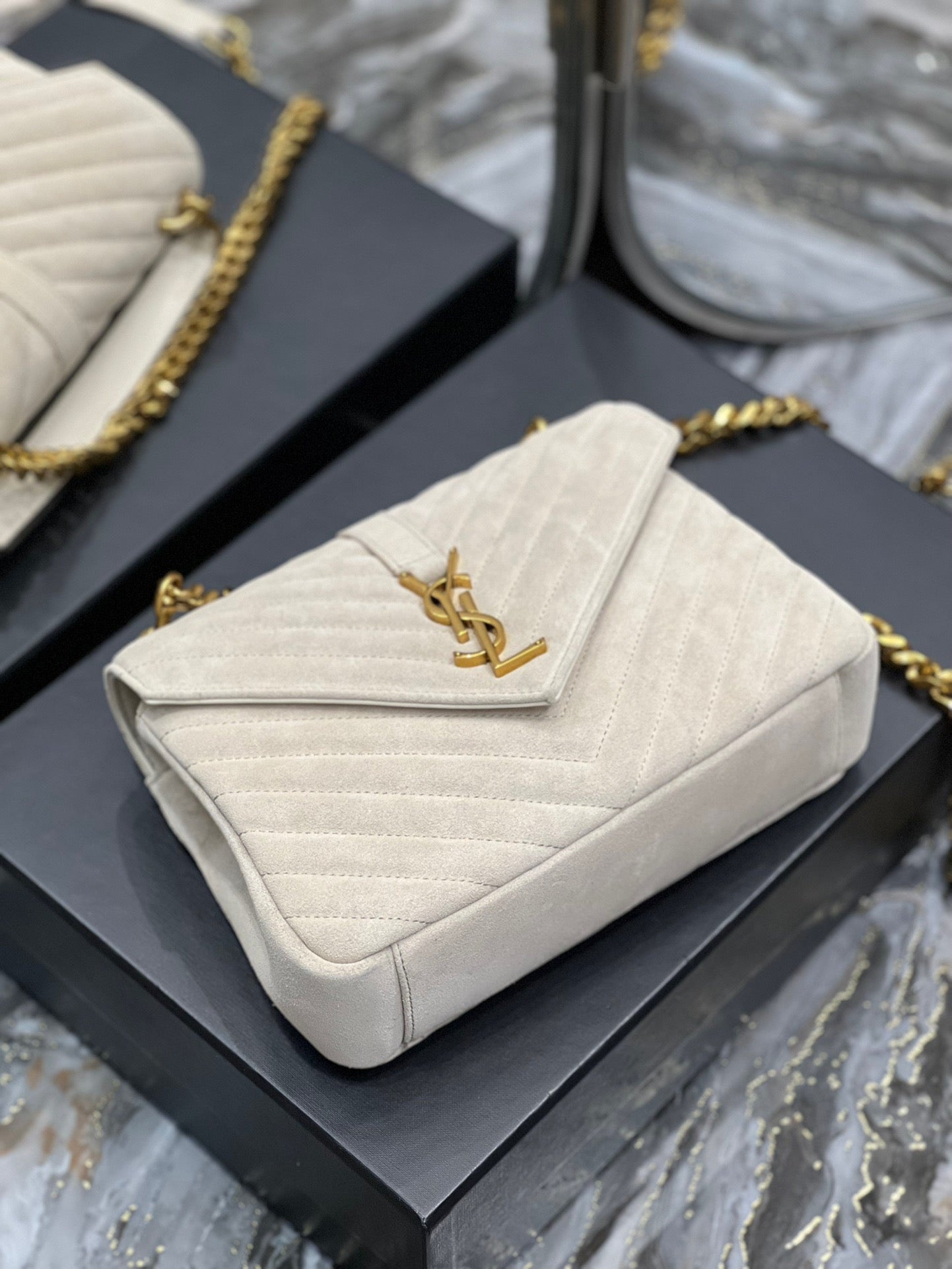 SAINT LAURENT College Ysl-Logo Quilted White Suede Shoulder Bag