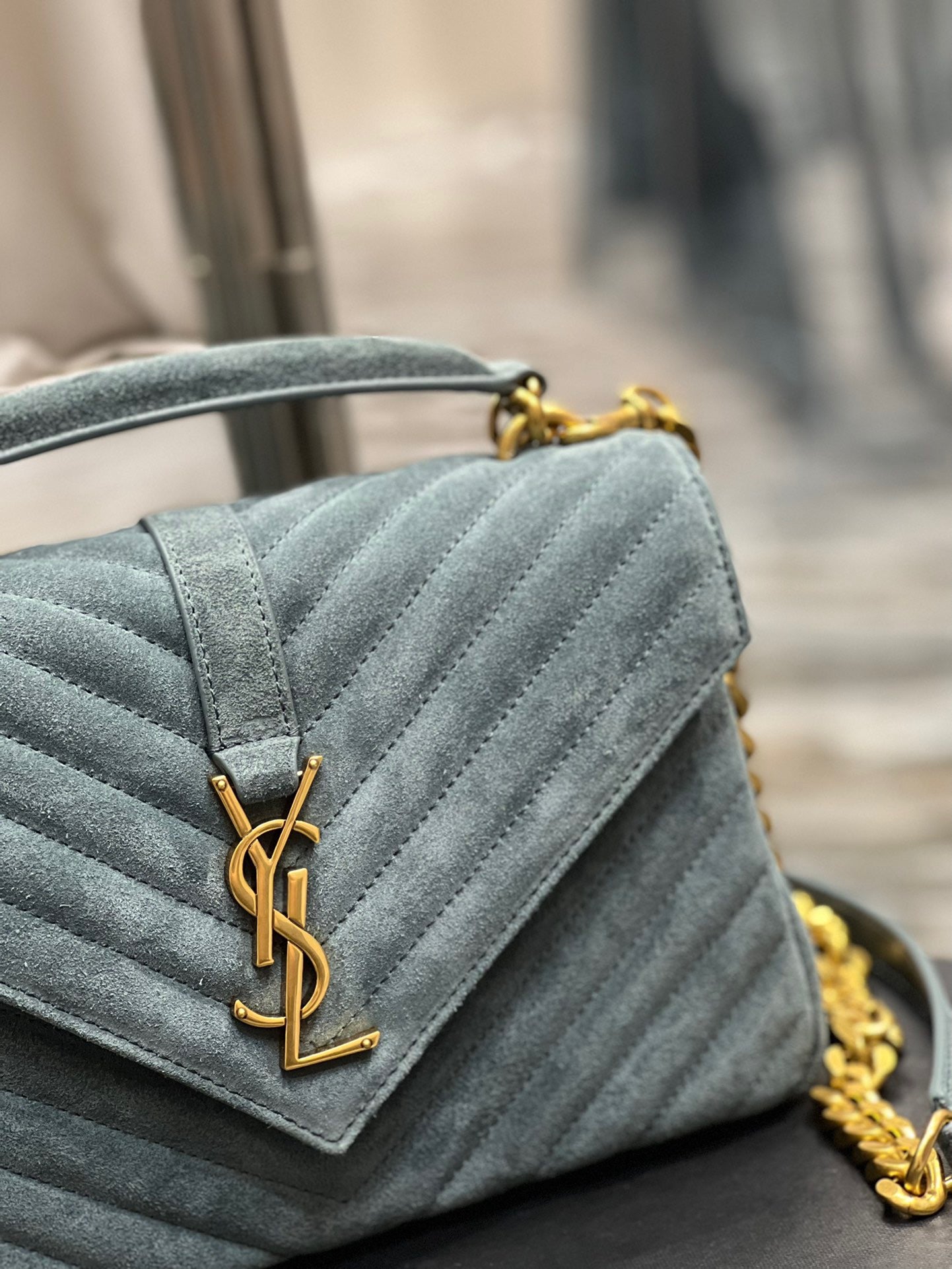 SAINT LAURENT College Ysl-Logo Quilted Blue Suede Shoulder Bag