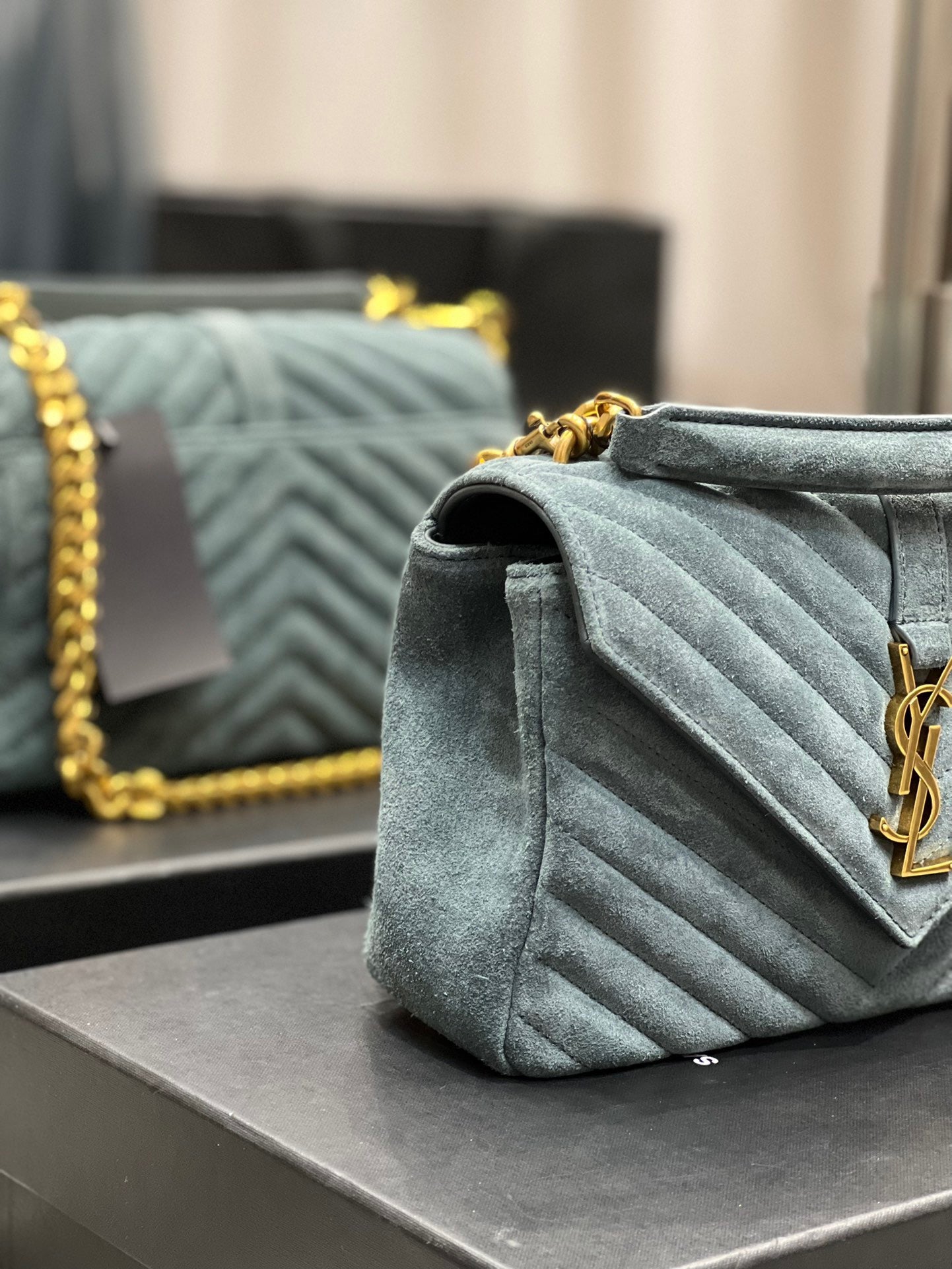 SAINT LAURENT College Ysl-Logo Quilted Blue Suede Shoulder Bag