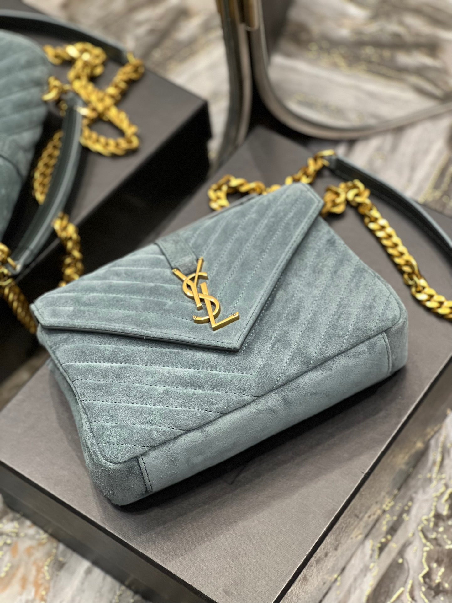 SAINT LAURENT College Ysl-Logo Quilted Blue Suede Shoulder Bag