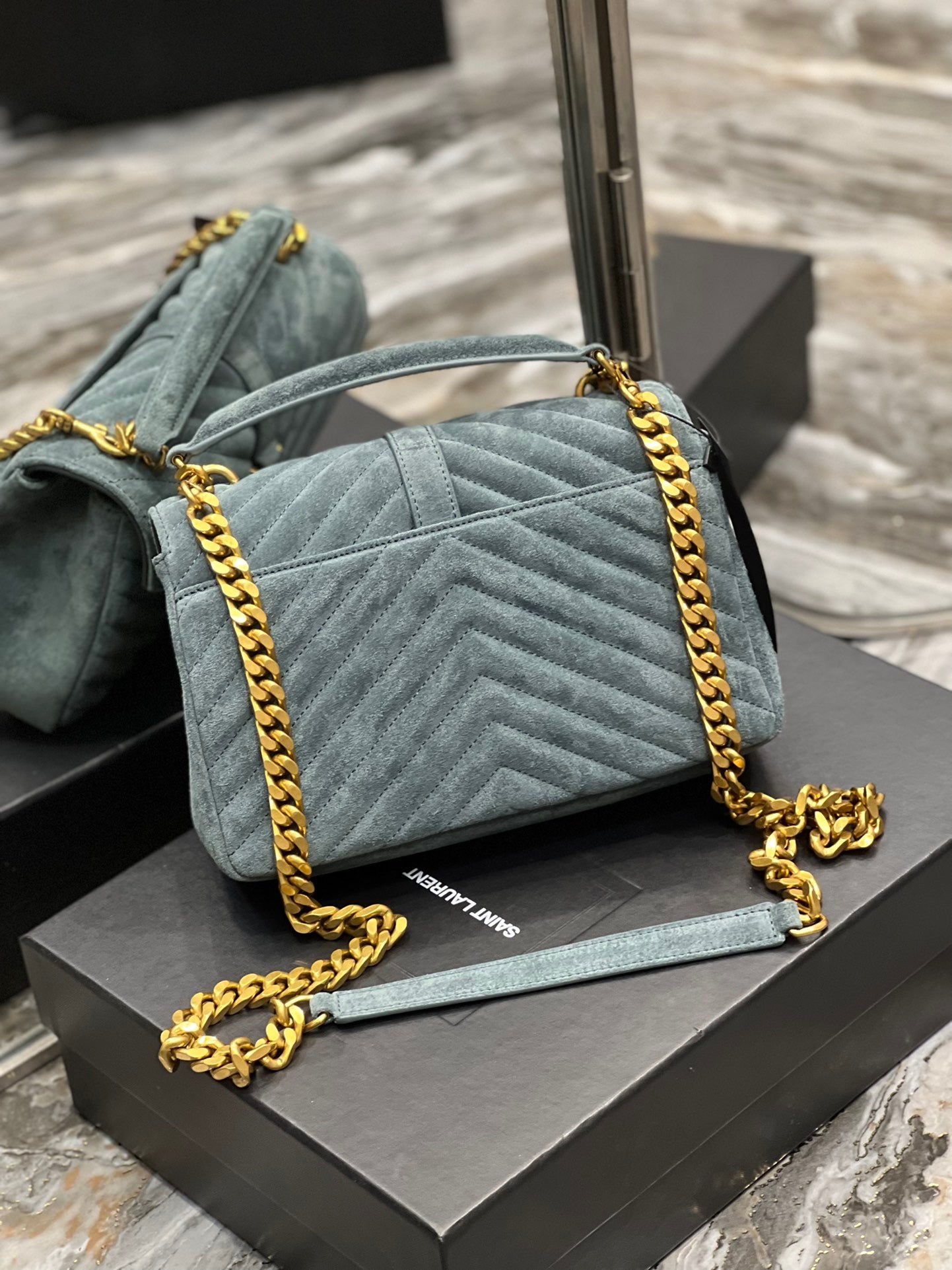 SAINT LAURENT College Ysl-Logo Quilted Blue Suede Shoulder Bag