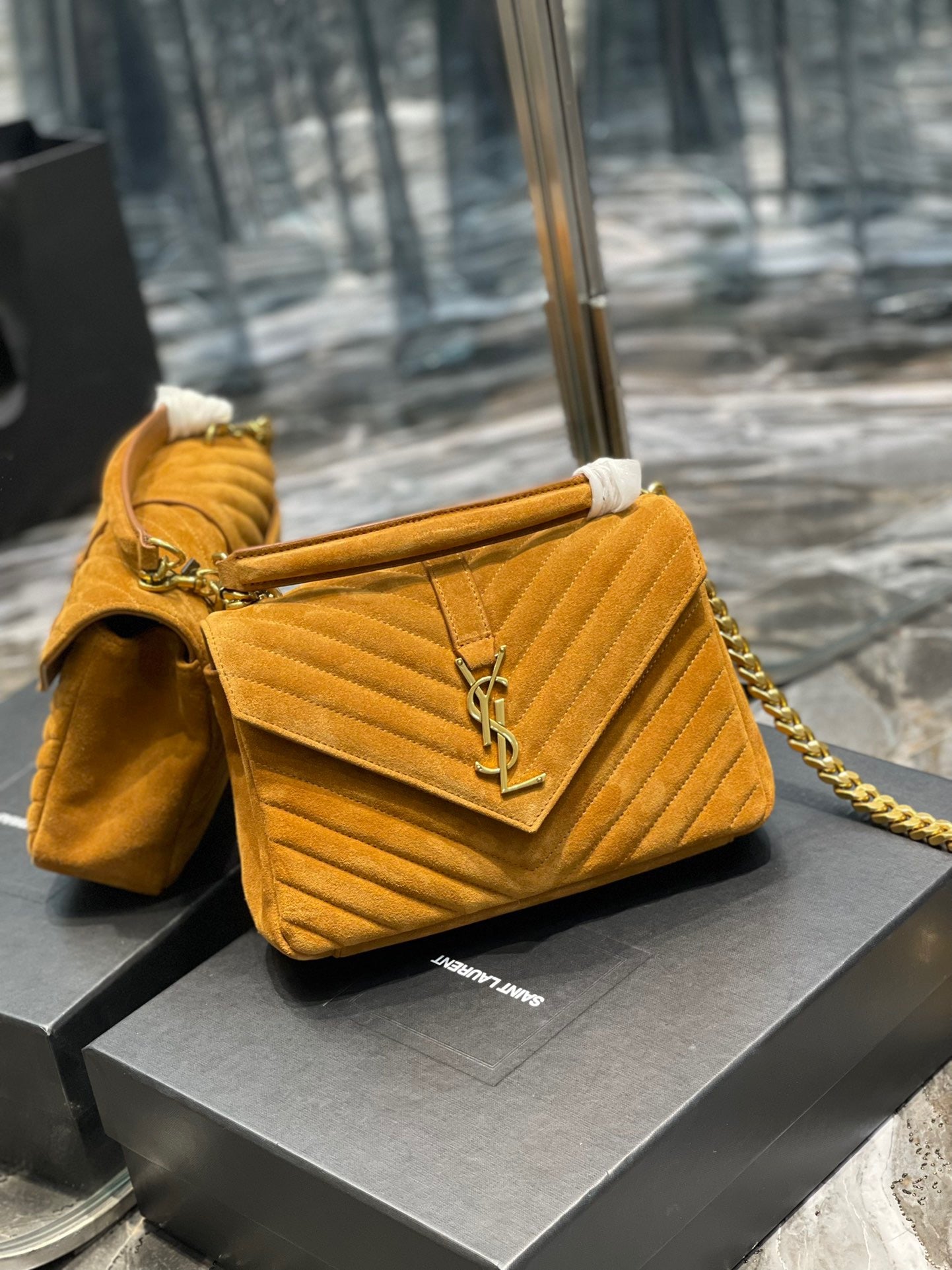 SAINT LAURENT College Ysl-Logo Quilted Yellow Suede Shoulder Bag