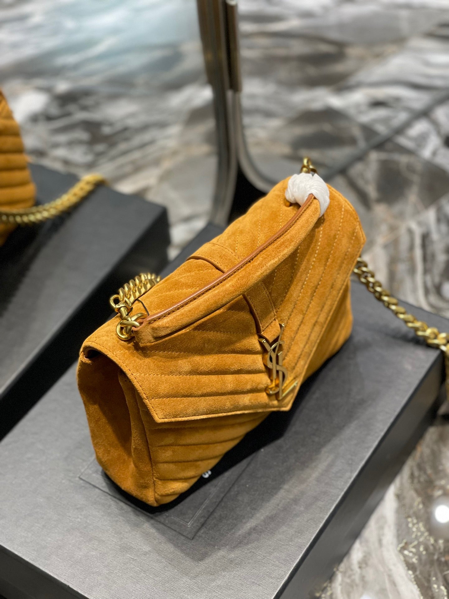 SAINT LAURENT College Ysl-Logo Quilted Yellow Suede Shoulder Bag