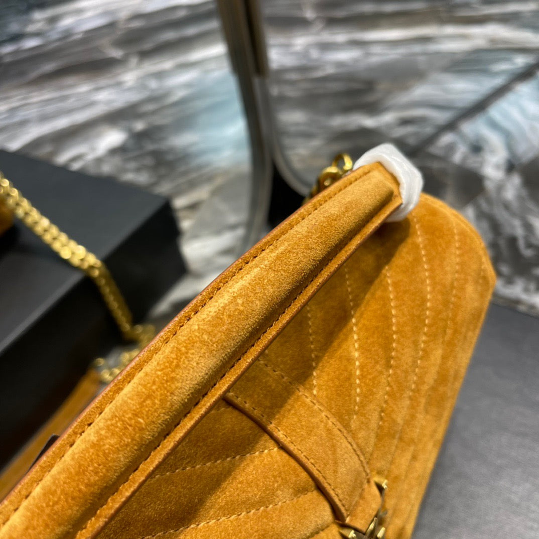 SAINT LAURENT College Ysl-Logo Quilted Yellow Suede Shoulder Bag