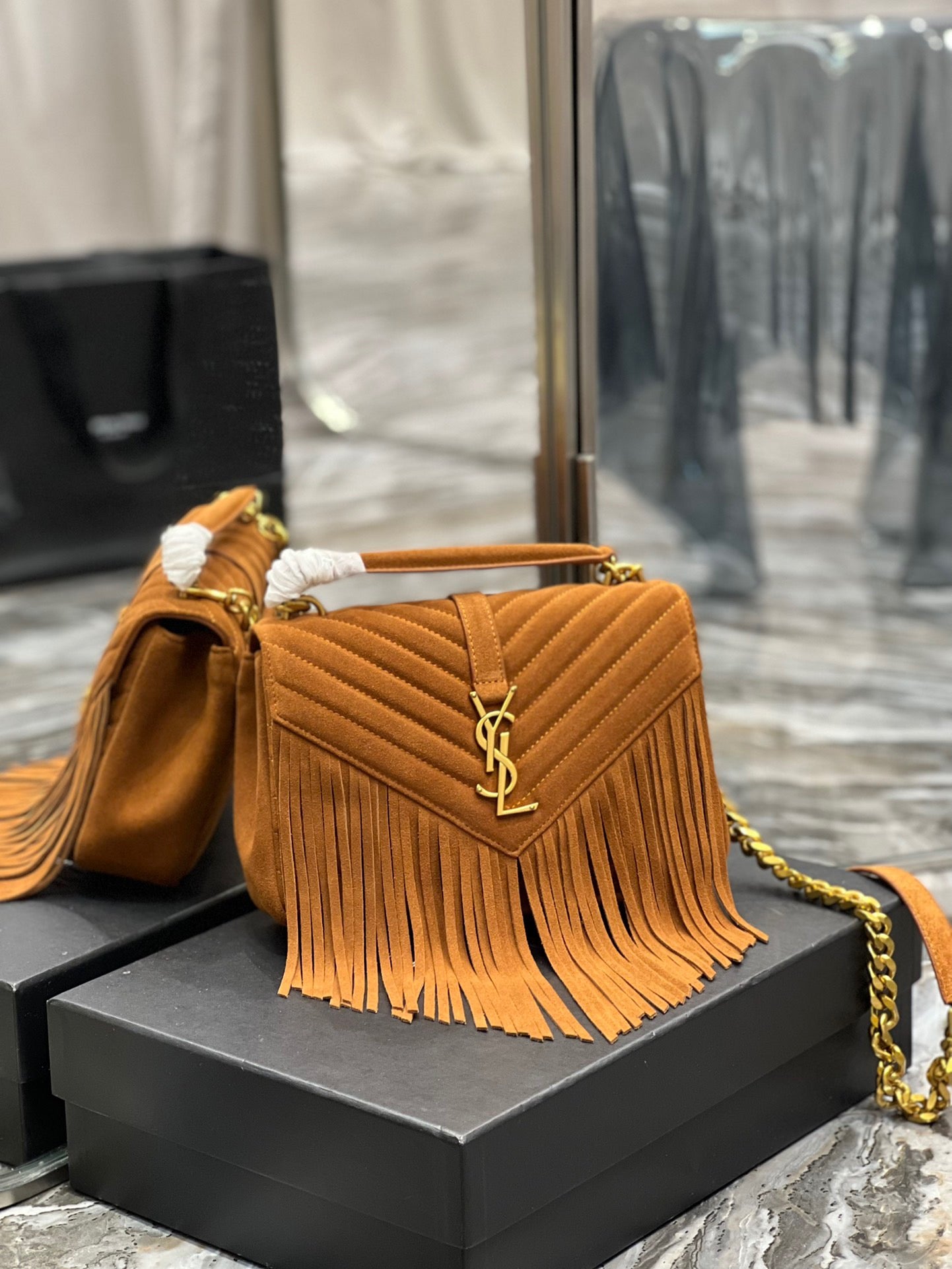 SAINT LAURENT College Quilted Gold Brown Suede Fringed Shoulder Bag