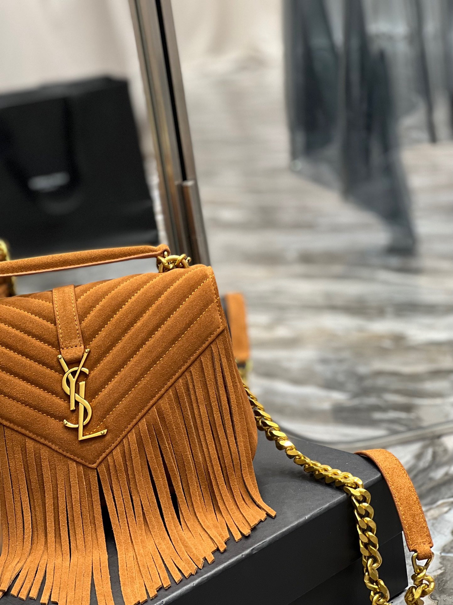 SAINT LAURENT College Quilted Gold Brown Suede Fringed Shoulder Bag