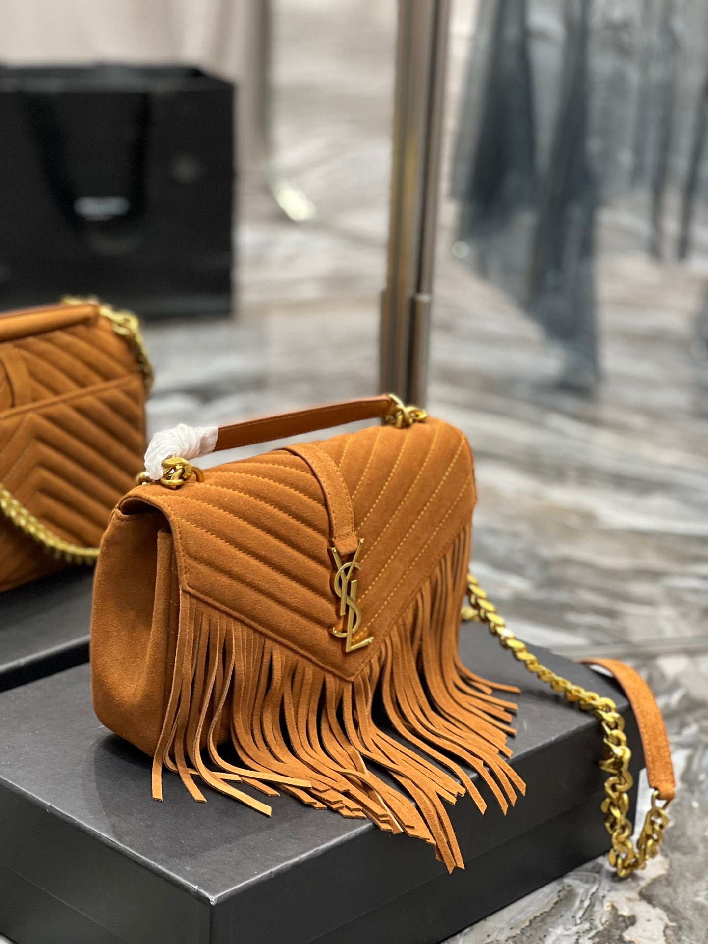 SAINT LAURENT College Quilted Gold Brown Suede Fringed Shoulder Bag